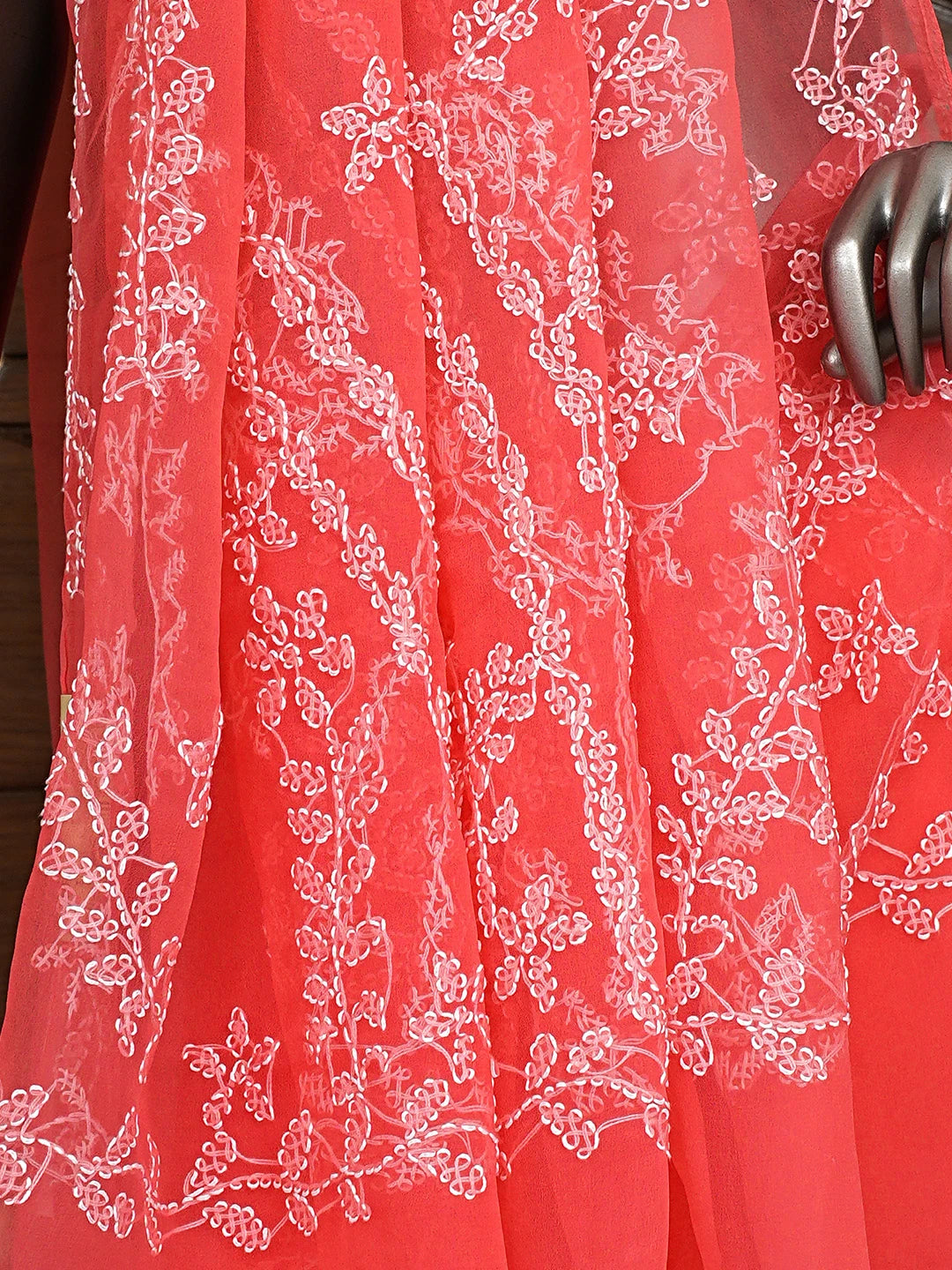 Ada Hand Embroidered Carrot Pink Georgette Lucknowi Chikankari Saree and Blouse 01A904565