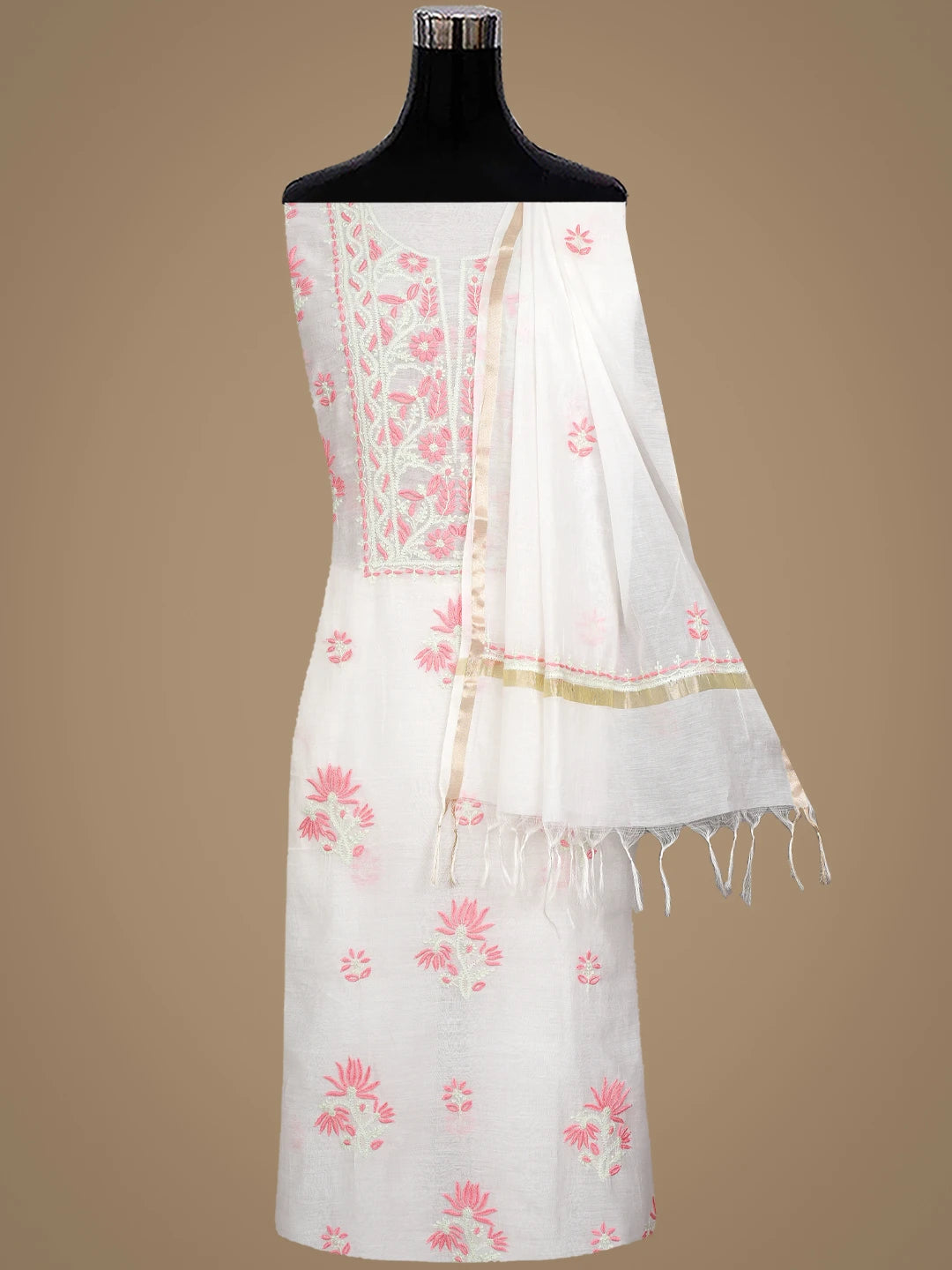 Ada Hand Embroidered White Chanderi Lucknowi Chikankari Unstitched Kurta Dupatta Set 01A903133