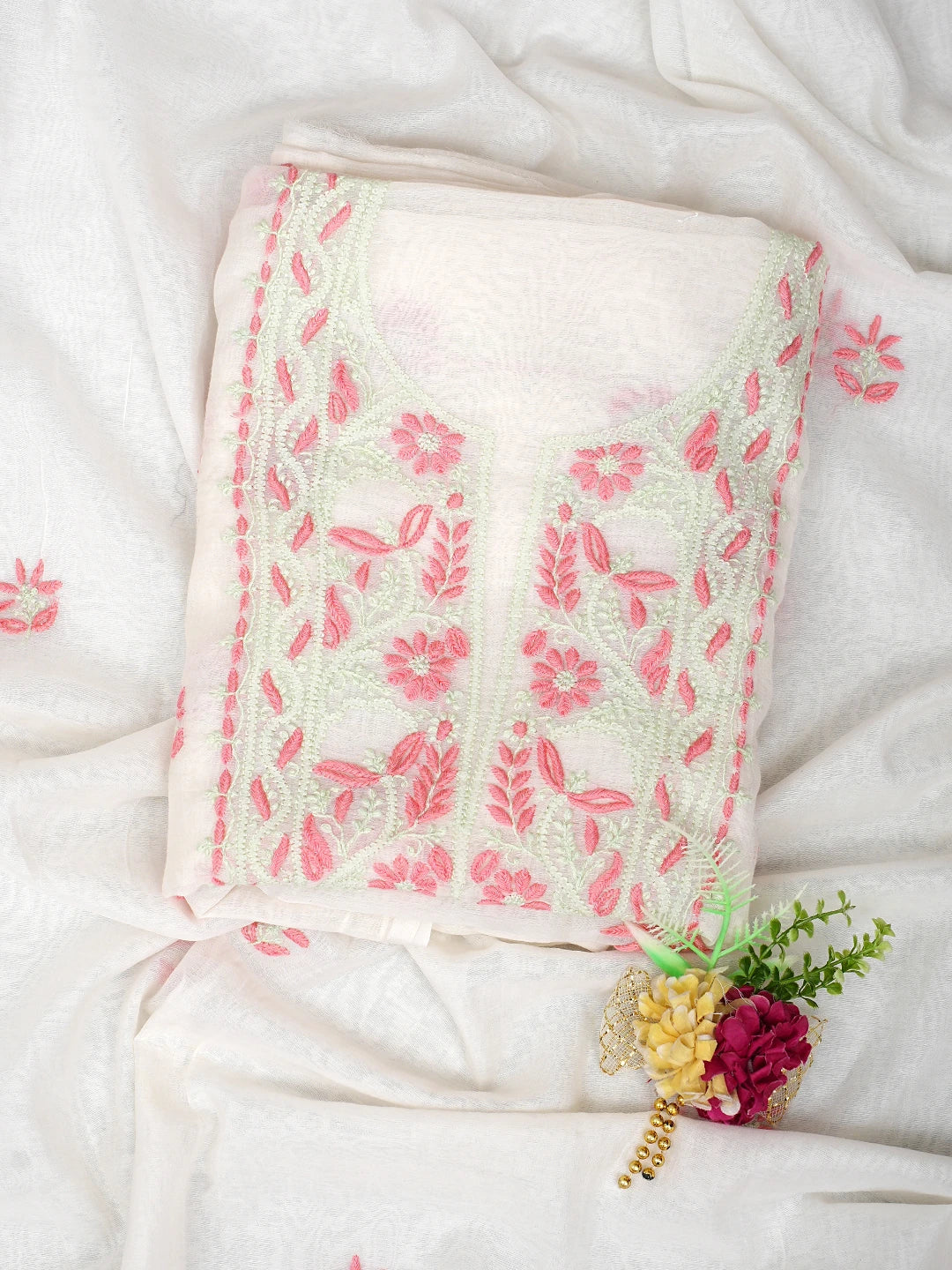 Ada Hand Embroidered White Chanderi Lucknowi Chikankari Unstitched Kurta Dupatta Set 01A903133