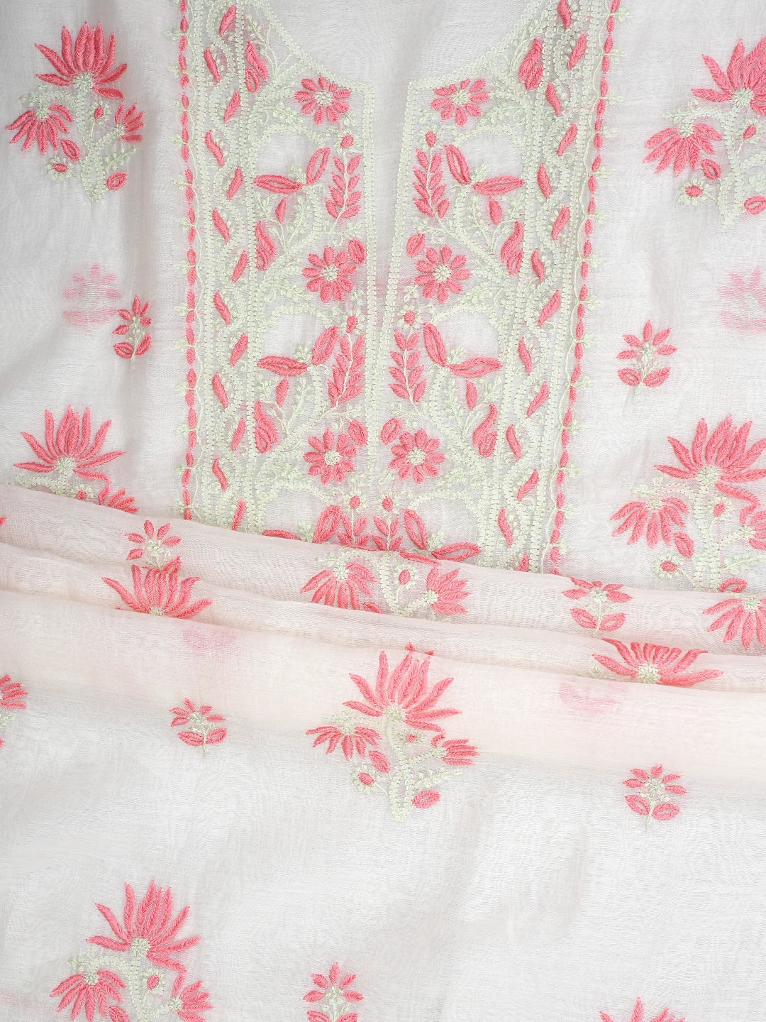 Ada Hand Embroidered White Chanderi Lucknowi Chikankari Unstitched Kurta Dupatta Set 01A903133