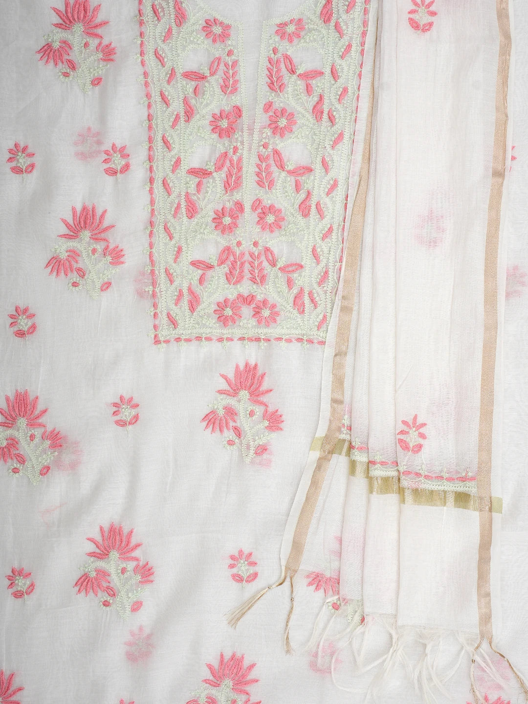 Ada Hand Embroidered White Chanderi Lucknowi Chikankari Unstitched Kurta Dupatta Set 01A903133