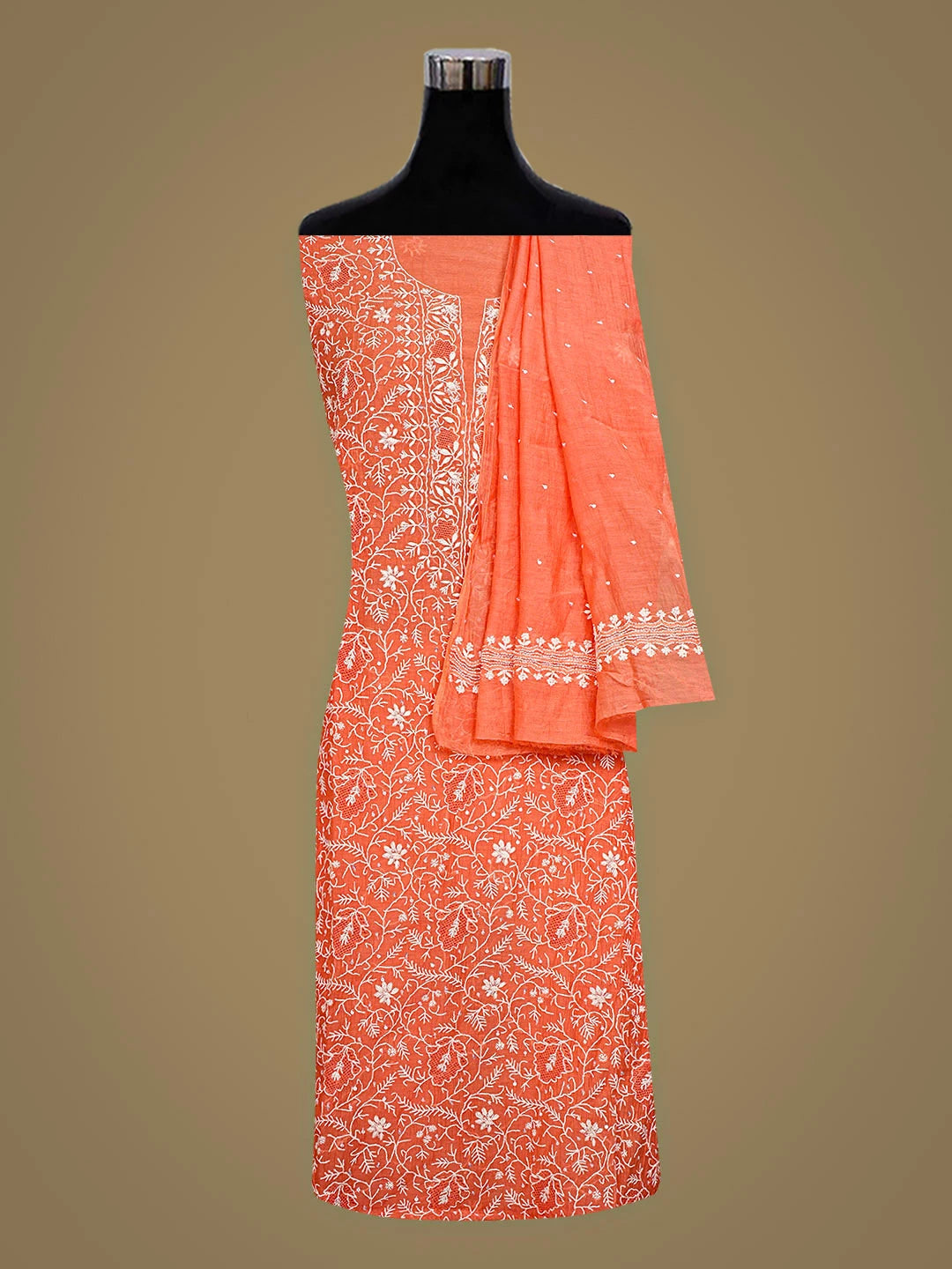 Ada Hand Embroidered Carrot Pink Chanderi Lucknowi Chikankari Unstitched Kurta Dupatta Set With Sequinned Work 01A911774