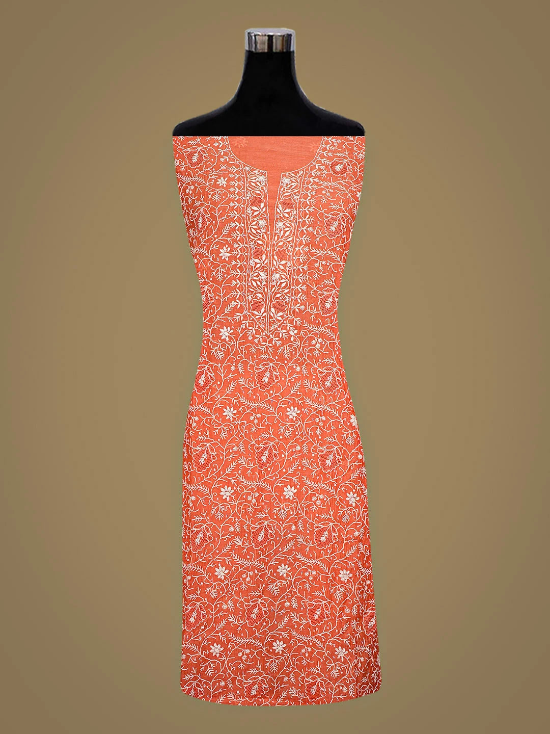 Ada Hand Embroidered Carrot Pink Chanderi Lucknowi Chikankari Unstitched Kurta Dupatta Set With Sequinned Work 01A911774