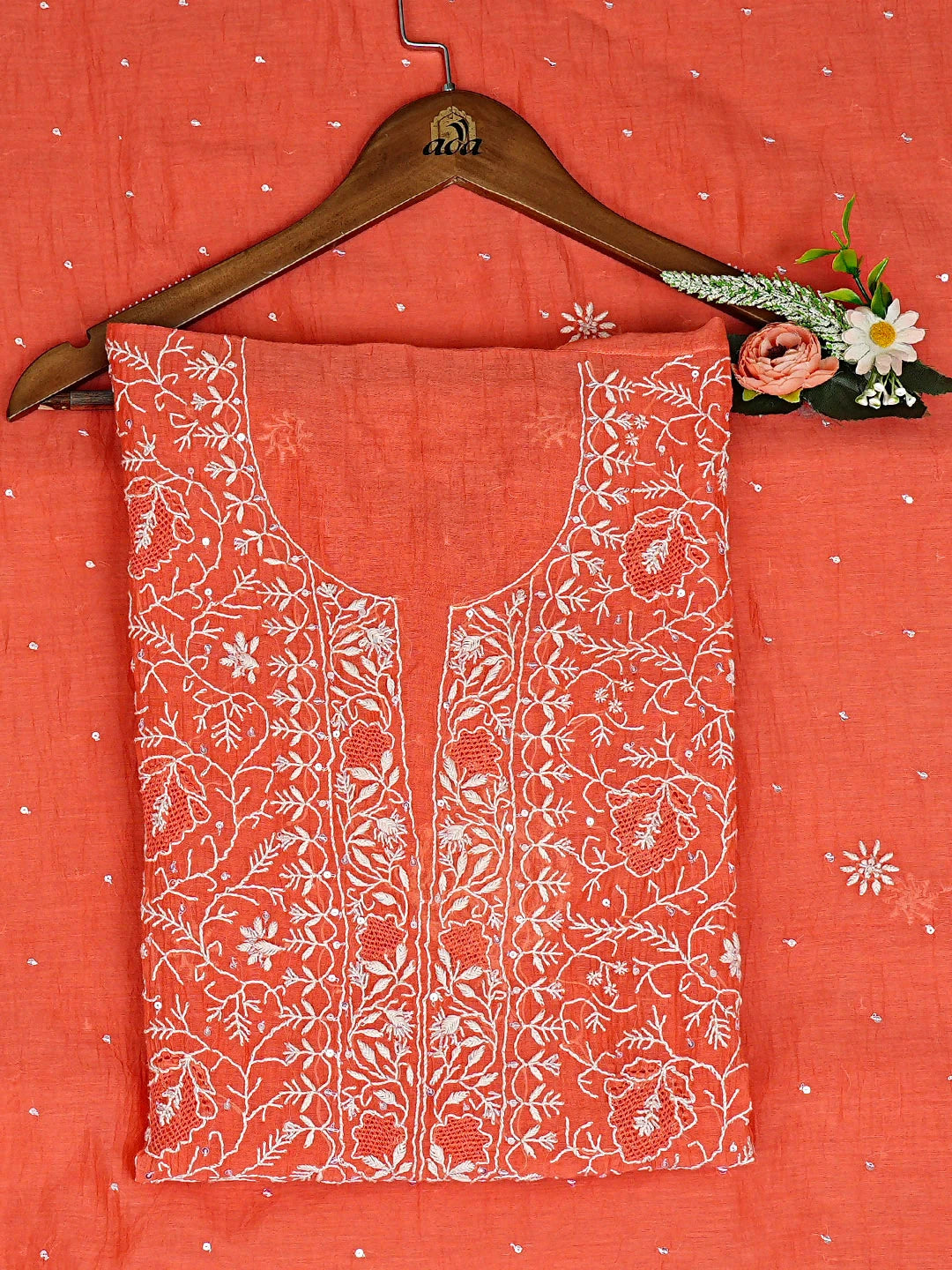 Ada Hand Embroidered Carrot Pink Chanderi Lucknowi Chikankari Unstitched Kurta Dupatta Set With Sequinned Work 01A911774