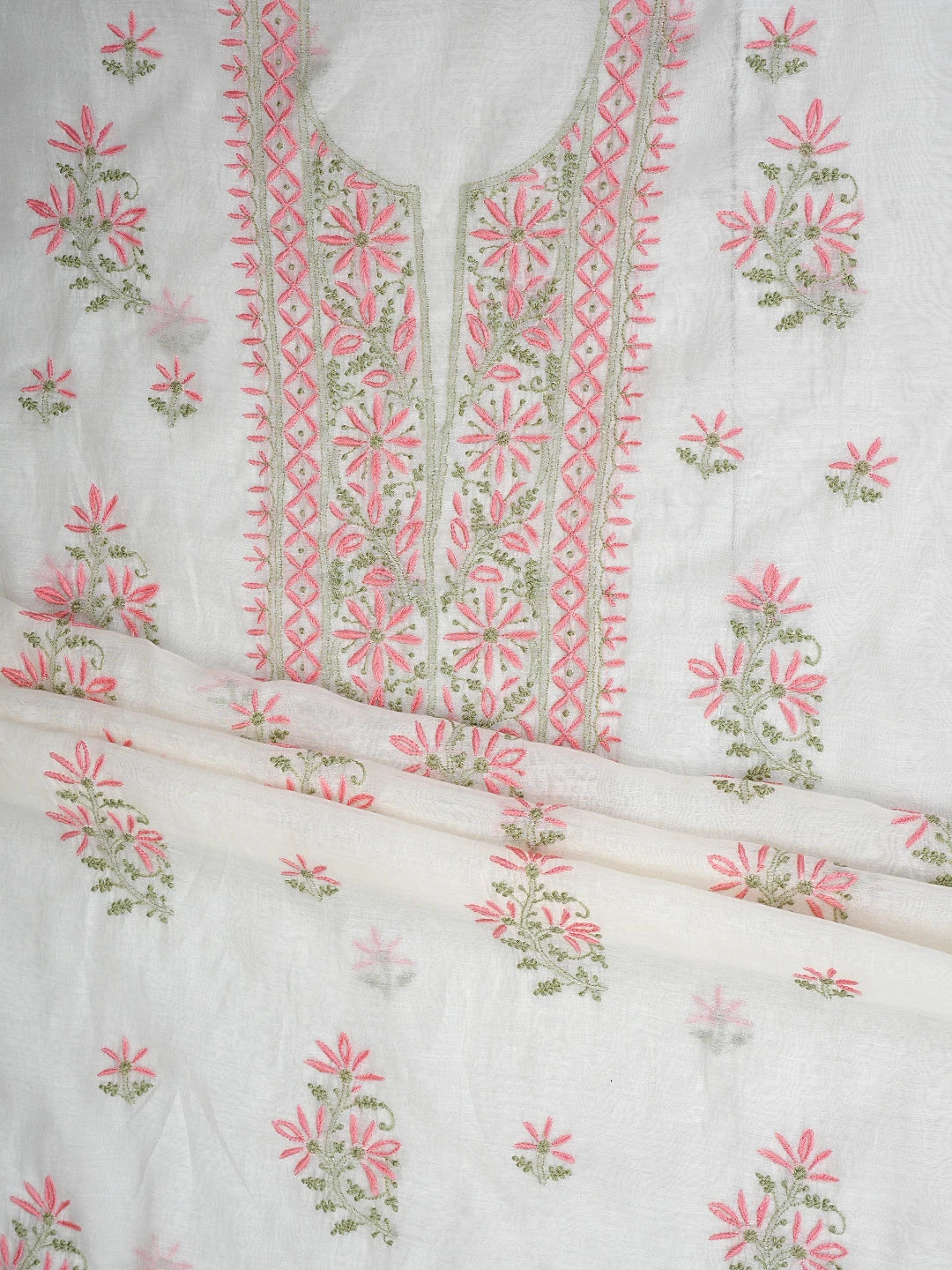 Ada Hand Embroidered White Cornsilk Lucknowi Chikankari Unstitched Kurta Dupatta Set 01A903131