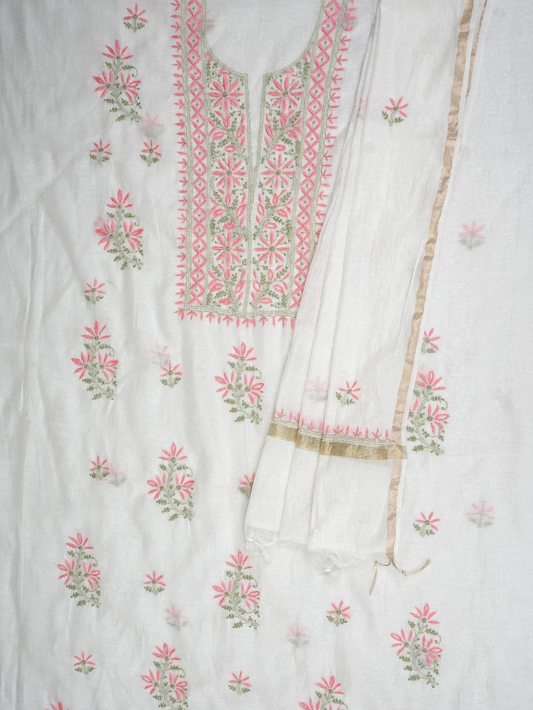 Ada Hand Embroidered White Cornsilk Lucknowi Chikankari Unstitched Kurta Dupatta Set 01A903131
