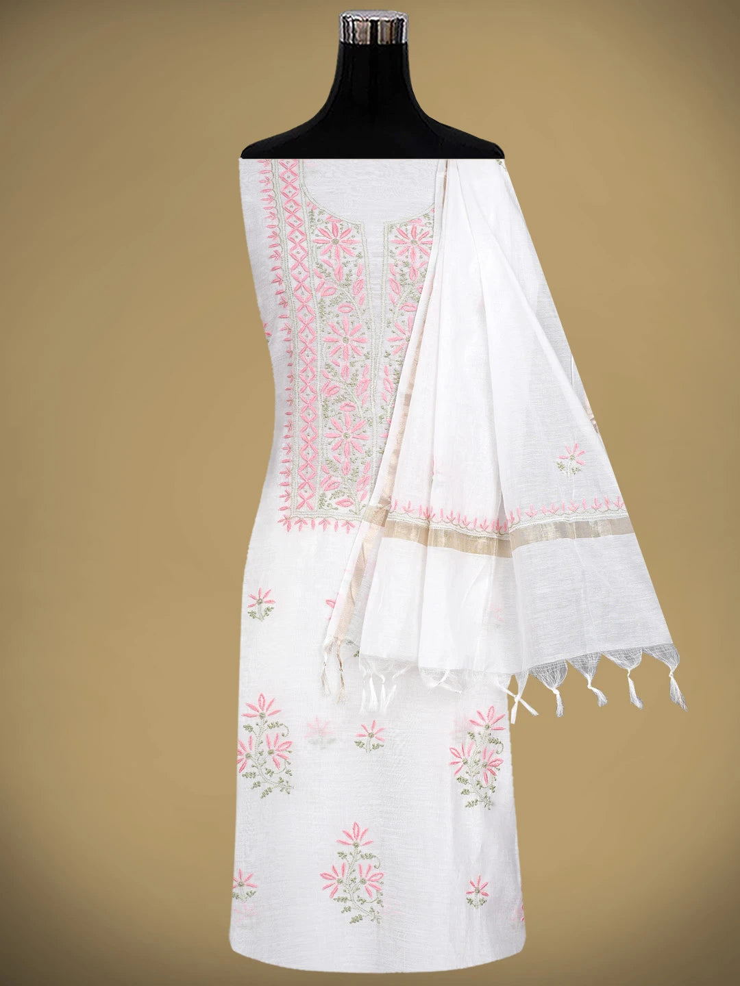 Ada Hand Embroidered White Cornsilk Lucknowi Chikankari Unstitched Kurta Dupatta Set 01A903131