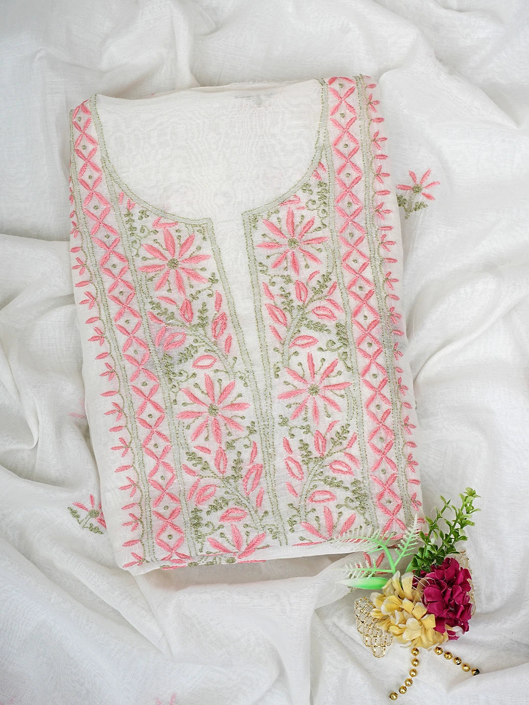 Ada Hand Embroidered White Cornsilk Lucknowi Chikankari Unstitched Kurta Dupatta Set 01A903131