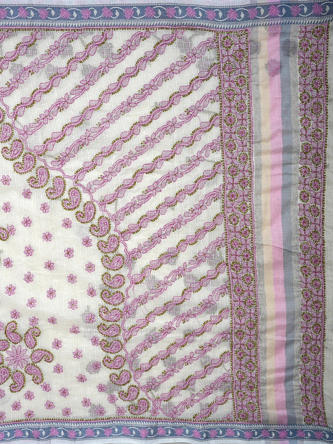 Ada Hand Embroidered Cream Chanderi Lucknowi Chikankari Saree and Blouse 01A867900