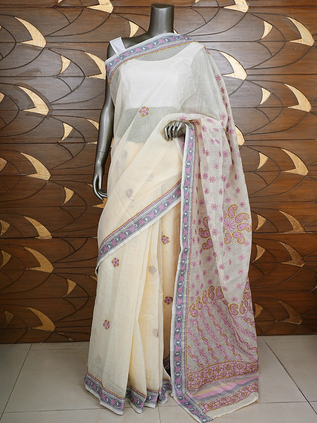 Ada Hand Embroidered Cream Chanderi Lucknowi Chikankari Saree and Blouse 01A867900