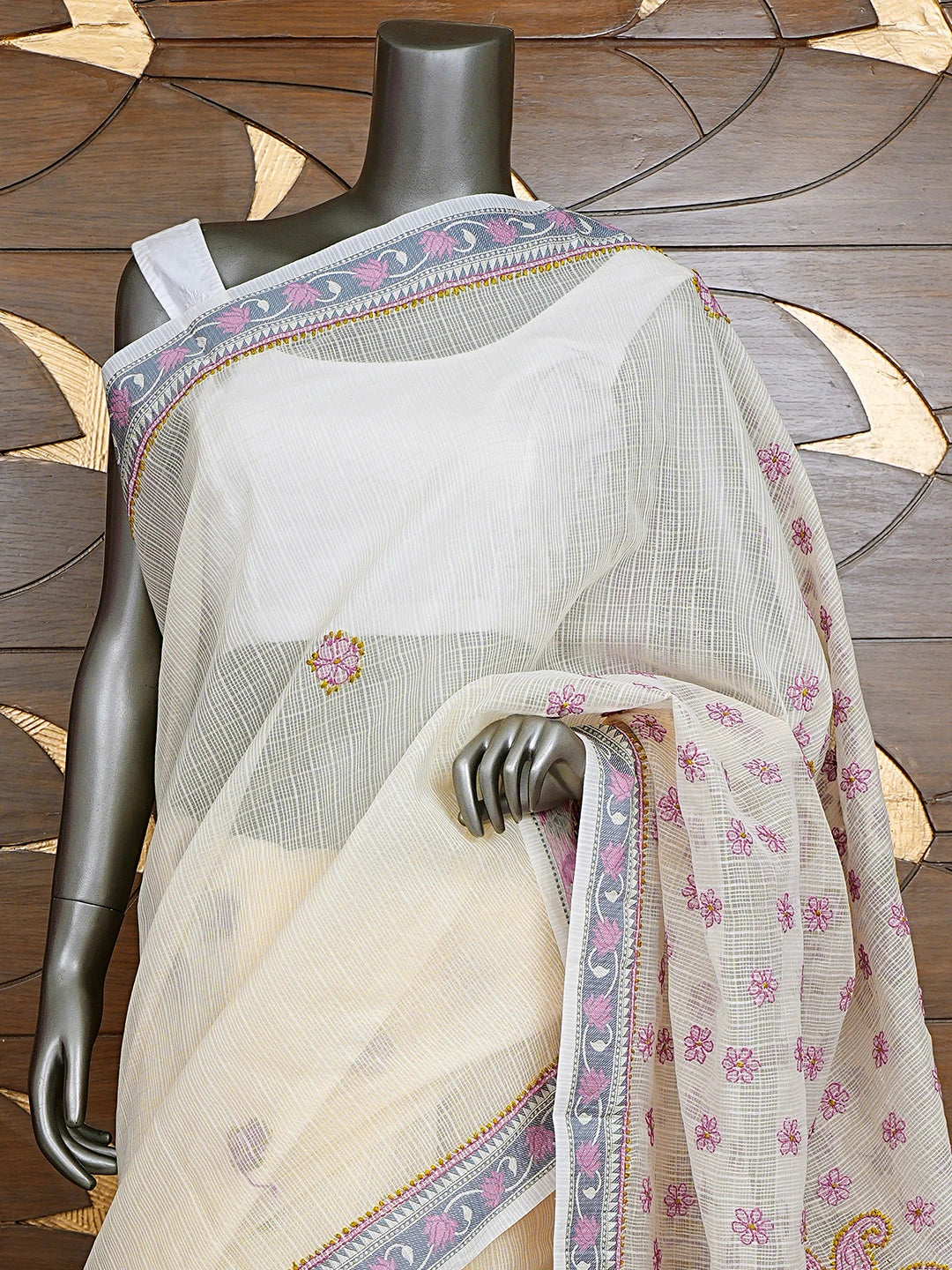 Ada Hand Embroidered Cream Chanderi Lucknowi Chikankari Saree and Blouse 01A867900