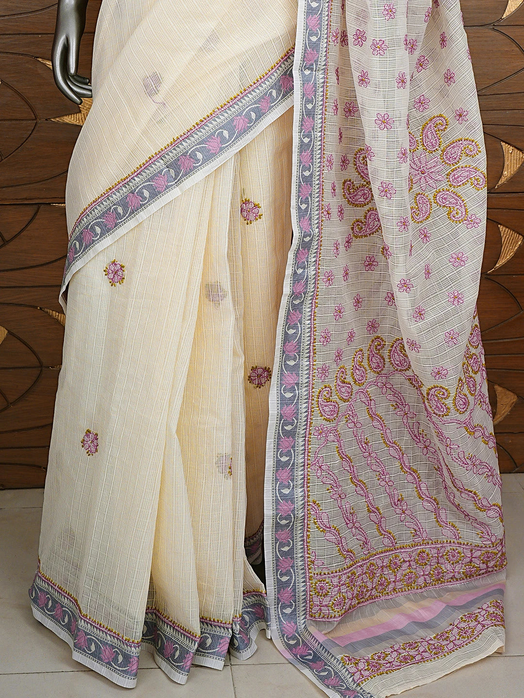 Ada Hand Embroidered Cream Chanderi Lucknowi Chikankari Saree and Blouse 01A867900