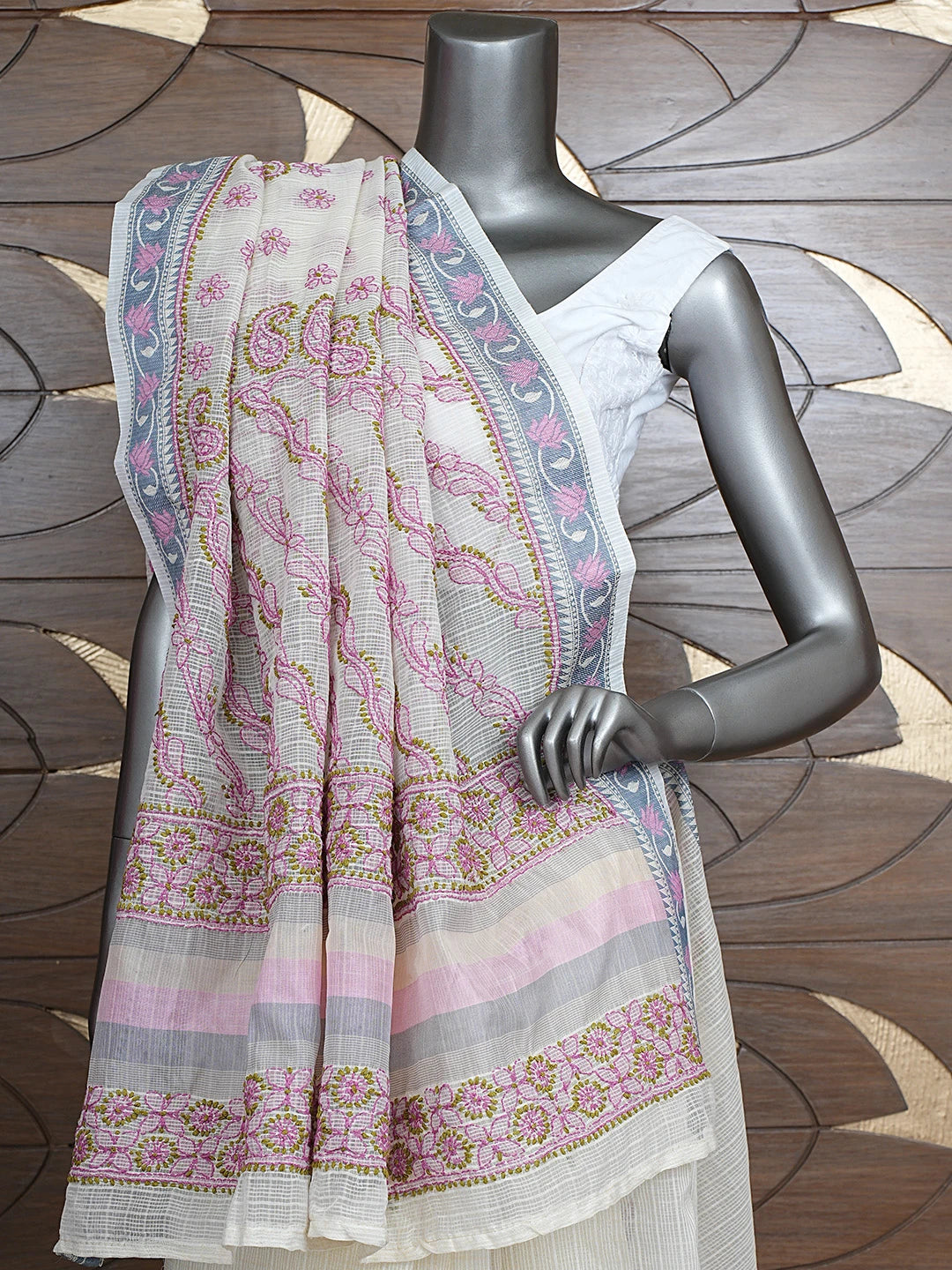 Ada Hand Embroidered Cream Chanderi Lucknowi Chikankari Saree and Blouse 01A867900