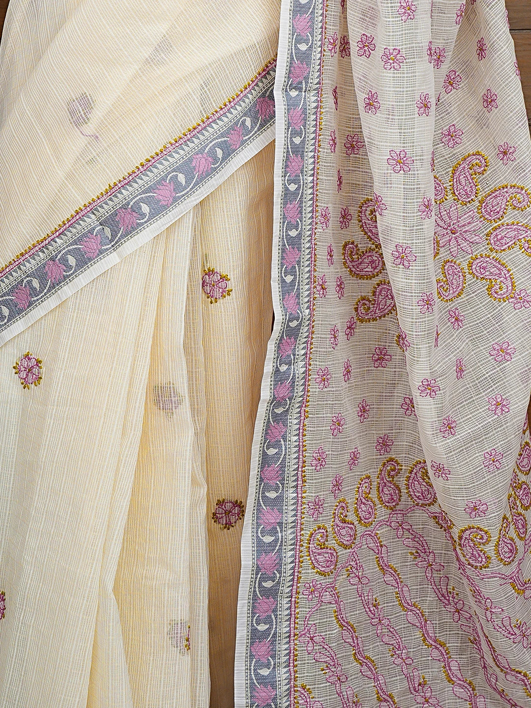 Ada Hand Embroidered Cream Chanderi Lucknowi Chikankari Saree and Blouse 01A867900