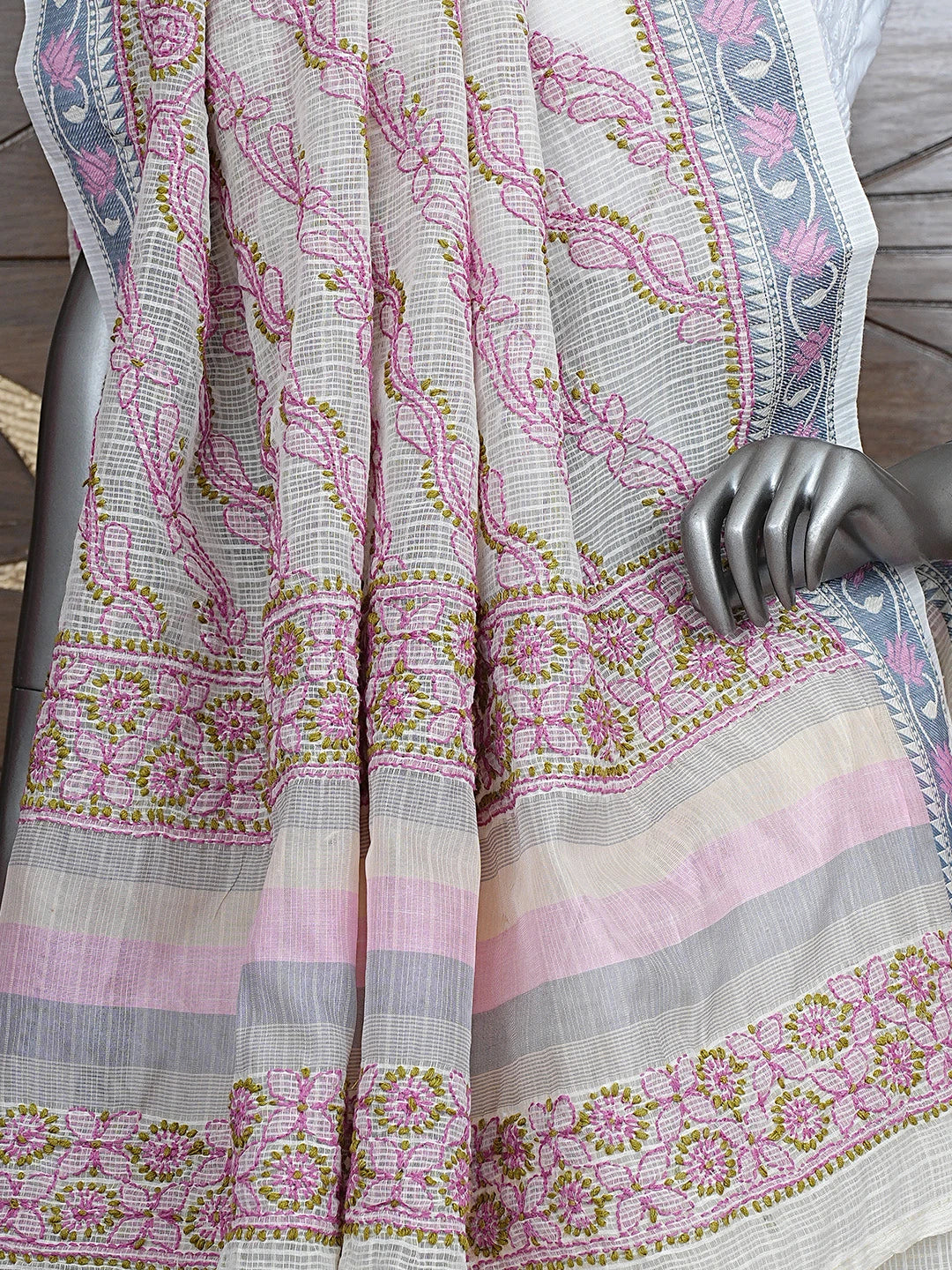 Ada Hand Embroidered Cream Chanderi Lucknowi Chikankari Saree and Blouse 01A867900