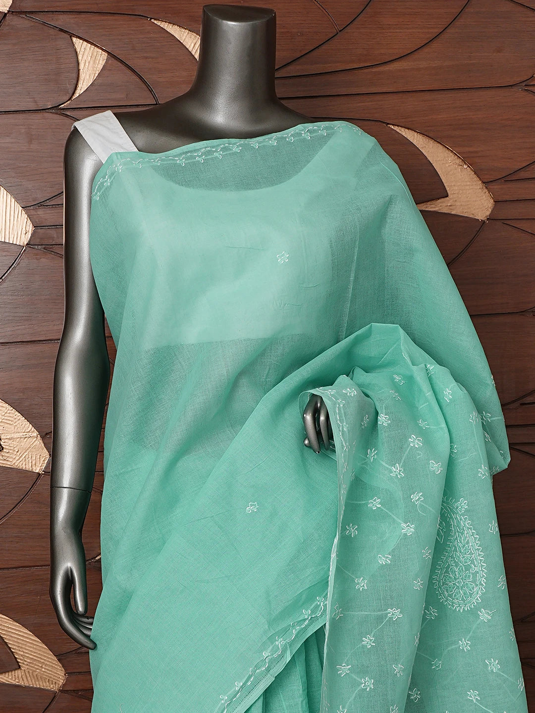 Ada Hand Embroidered Sea Green Cotton Lucknowi Chikankari Saree and Blouse 01A882931