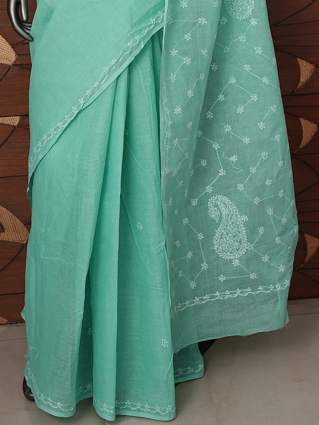 Ada Hand Embroidered Sea Green Cotton Lucknowi Chikankari Saree and Blouse 01A882931