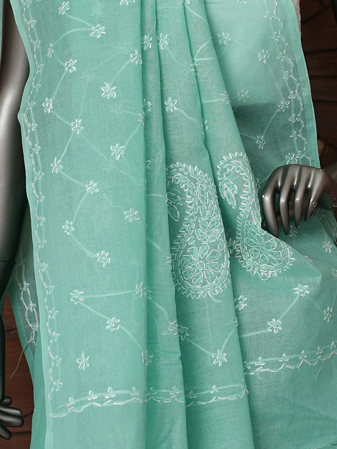 Ada Hand Embroidered Sea Green Cotton Lucknowi Chikankari Saree and Blouse 01A882931