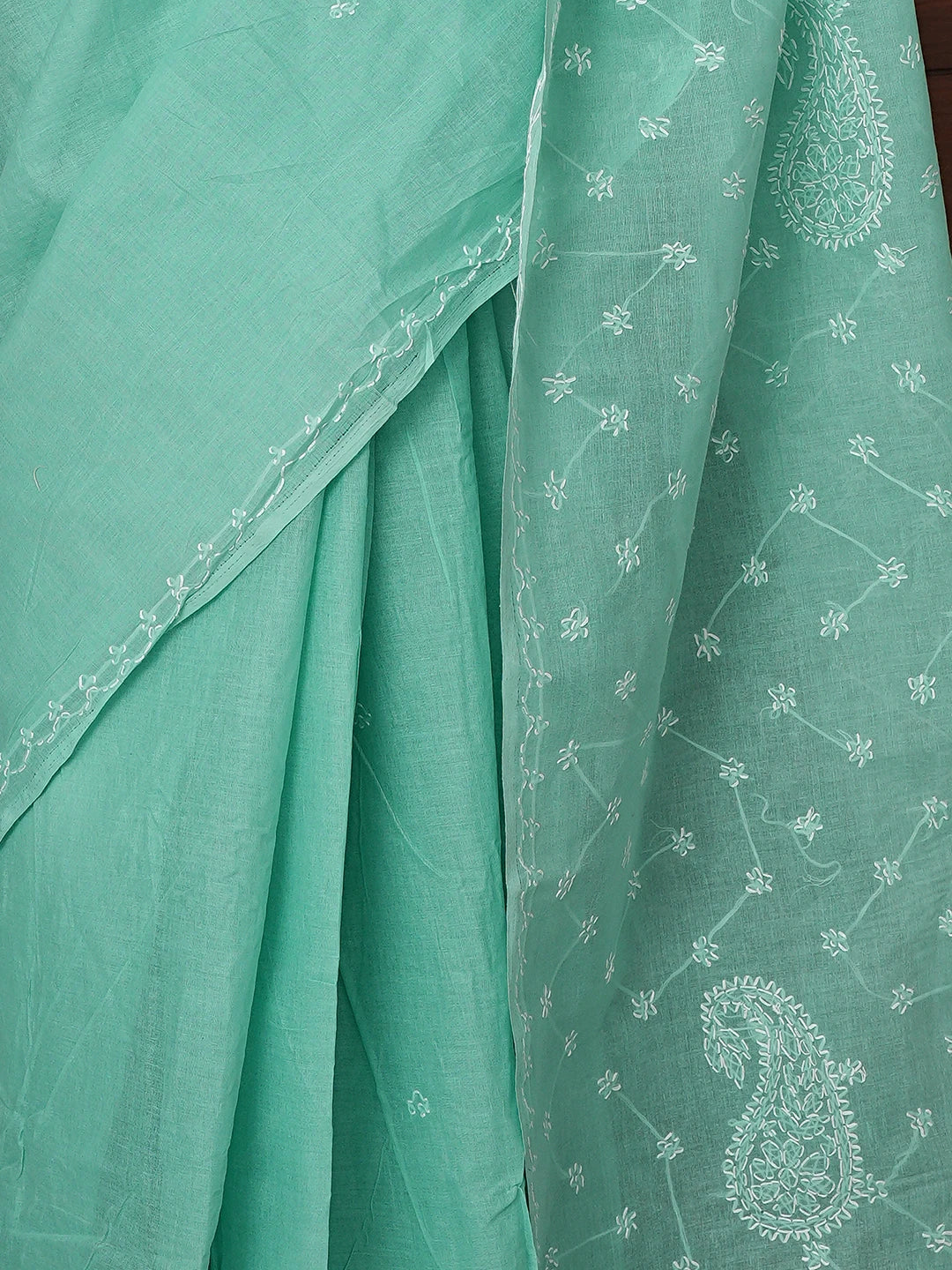 Ada Hand Embroidered Sea Green Cotton Lucknowi Chikankari Saree and Blouse 01A882931