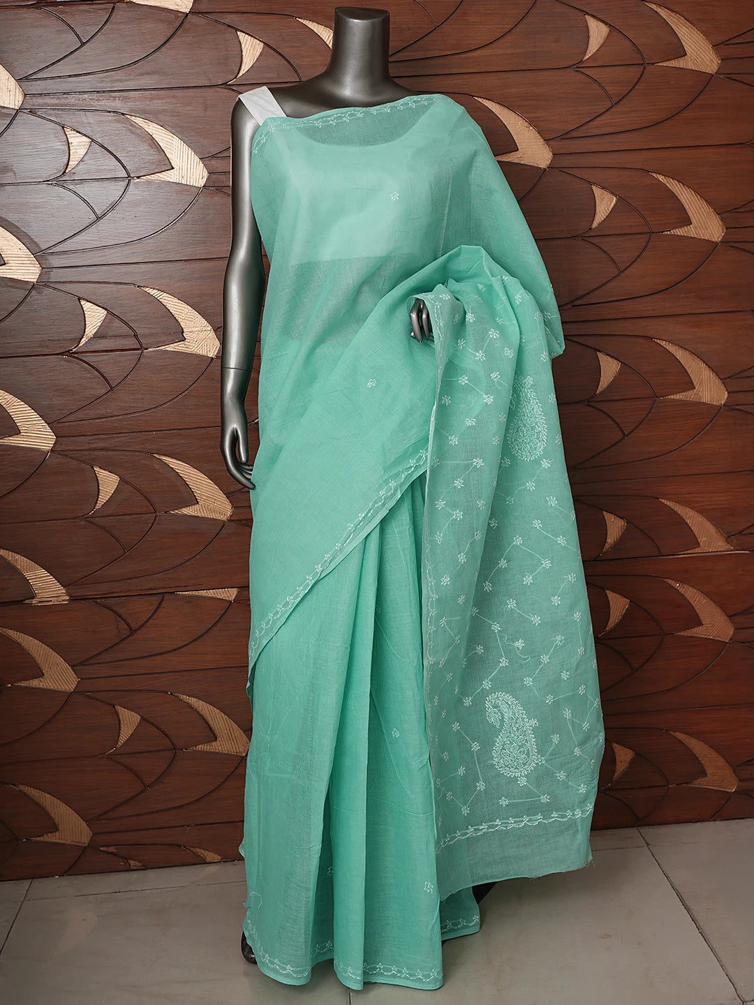 Ada Hand Embroidered Sea Green Cotton Lucknowi Chikankari Saree and Blouse 01A882931