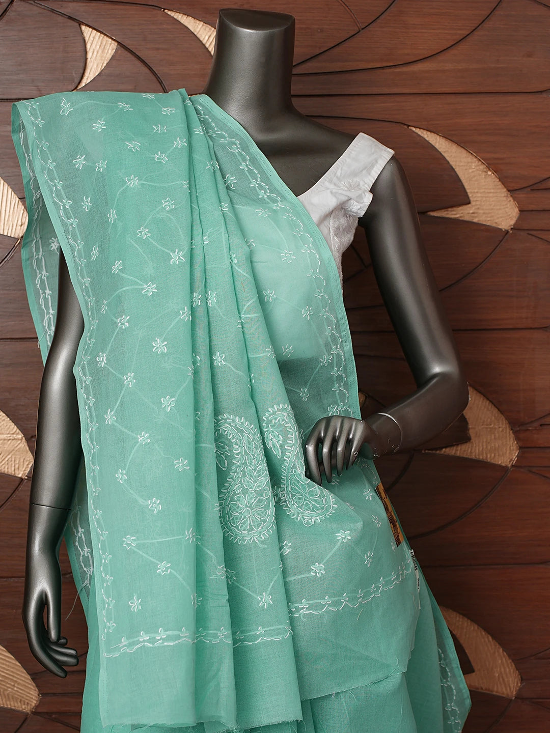 Ada Hand Embroidered Sea Green Cotton Lucknowi Chikankari Saree and Blouse 01A882931