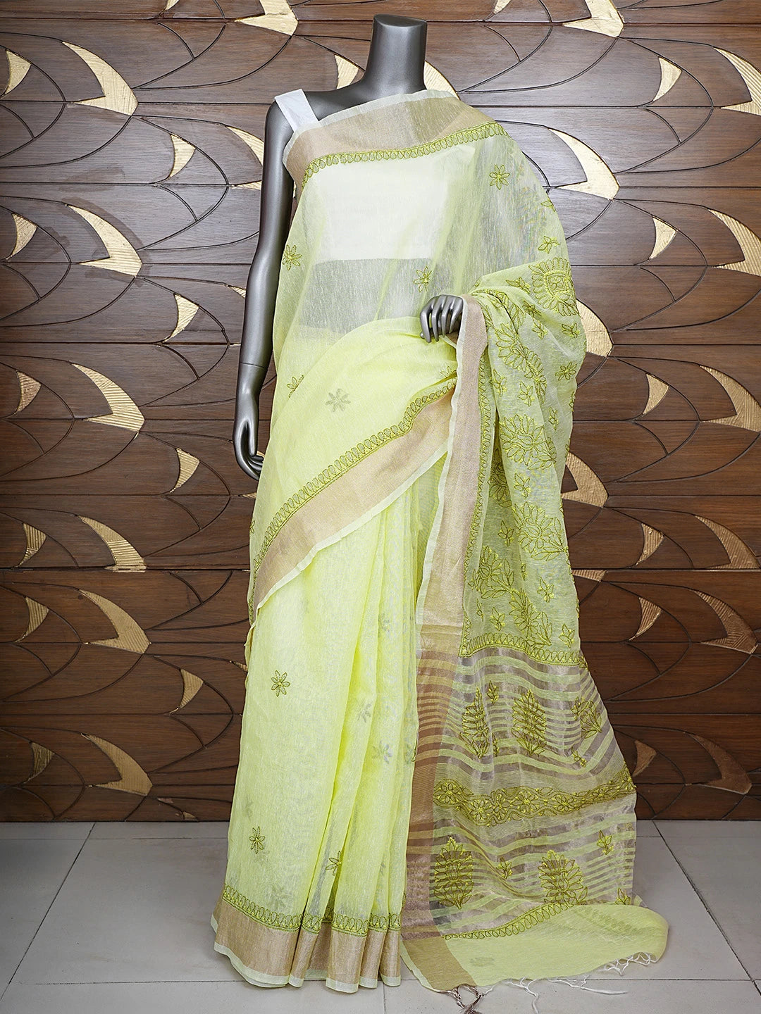 Ada Hand Embroidered Lemon Chanderi Lucknowi Chikankari Saree and Blouse 01A869739