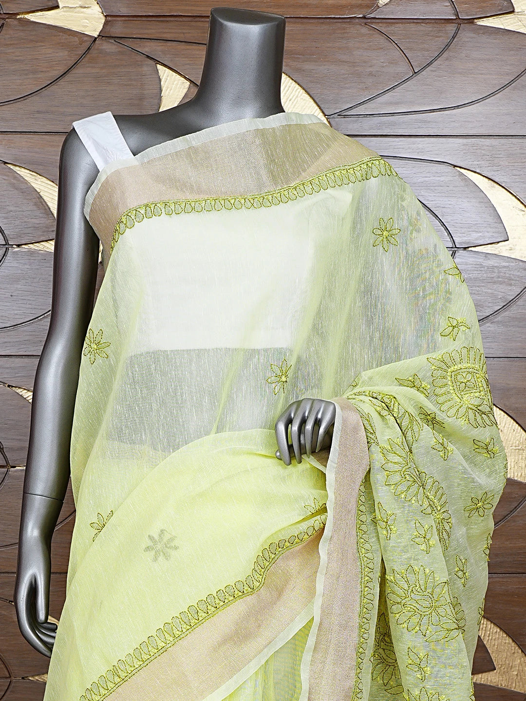 Ada Hand Embroidered Lemon Chanderi Lucknowi Chikankari Saree and Blouse 01A869739