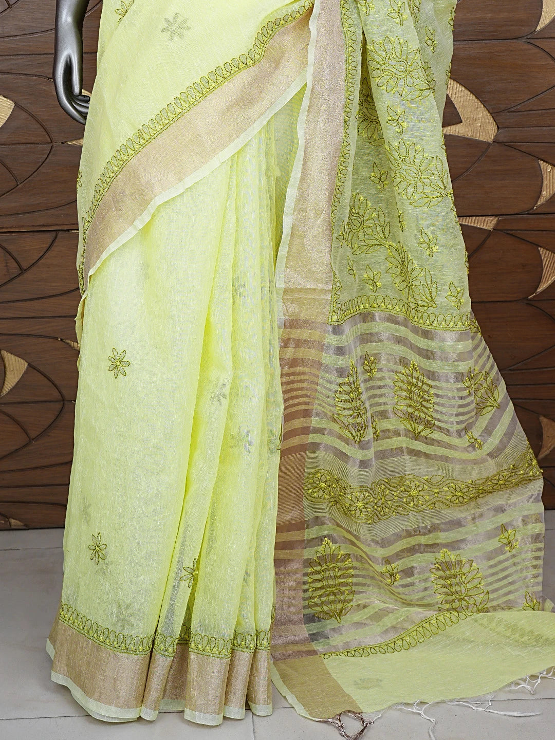 Ada Hand Embroidered Lemon Chanderi Lucknowi Chikankari Saree and Blouse 01A869739