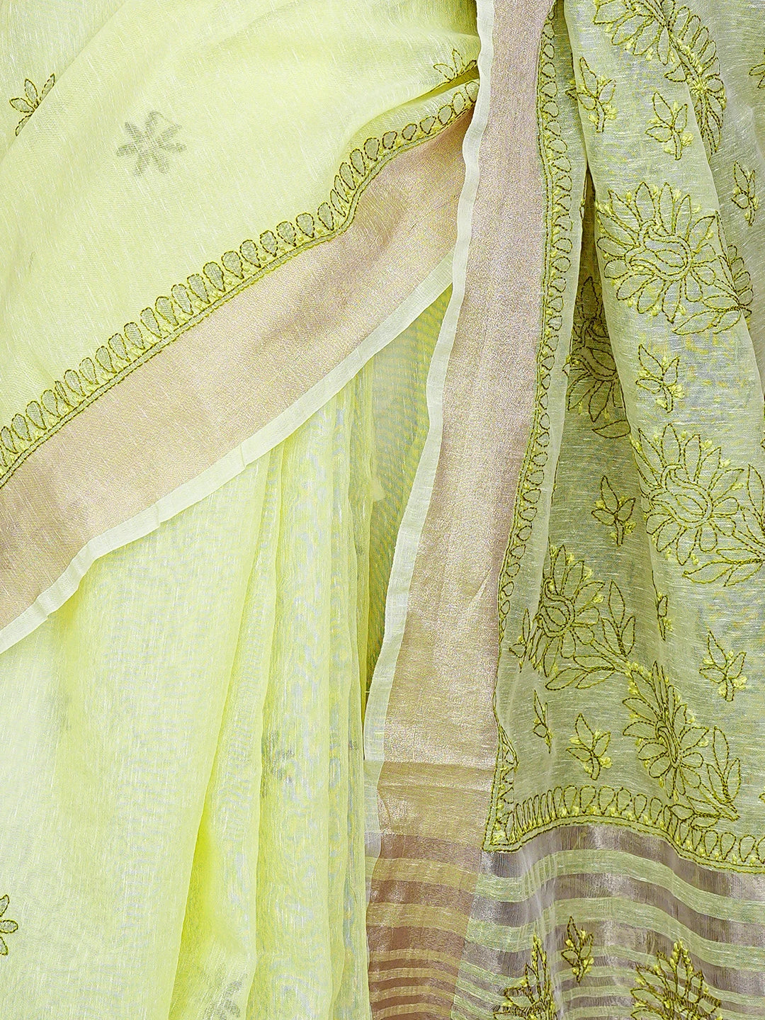 Ada Hand Embroidered Lemon Chanderi Lucknowi Chikankari Saree and Blouse 01A869739