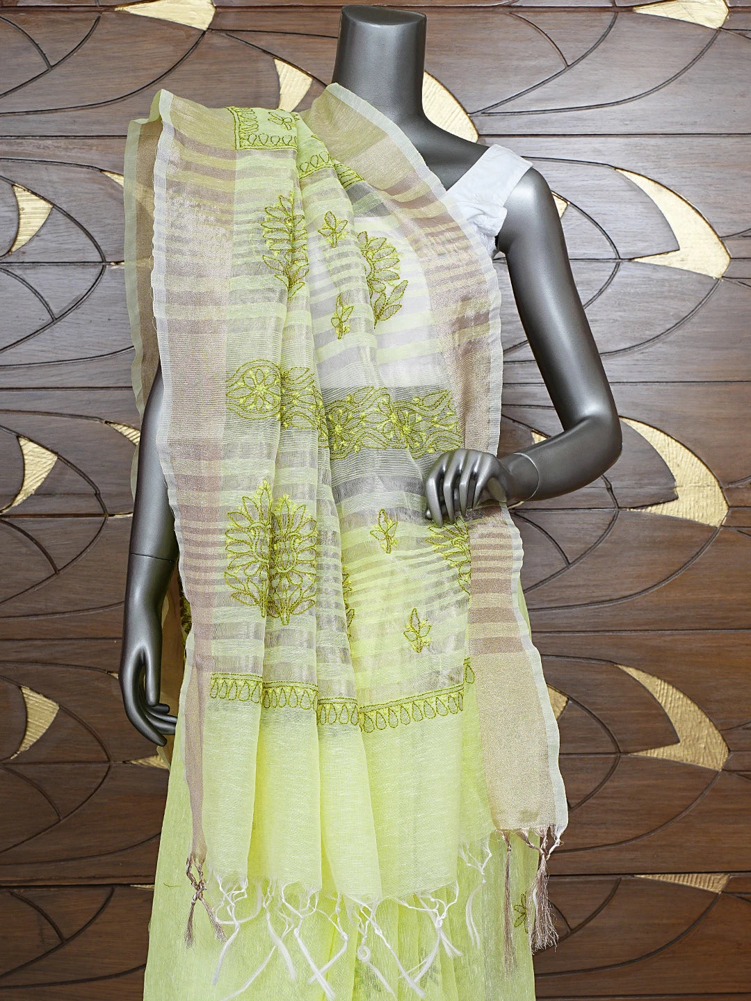 Ada Hand Embroidered Lemon Chanderi Lucknowi Chikankari Saree and Blouse 01A869739