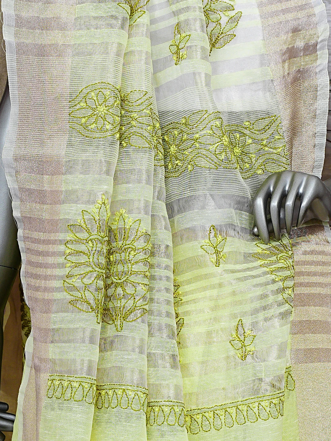 Ada Hand Embroidered Lemon Chanderi Lucknowi Chikankari Saree and Blouse 01A869739