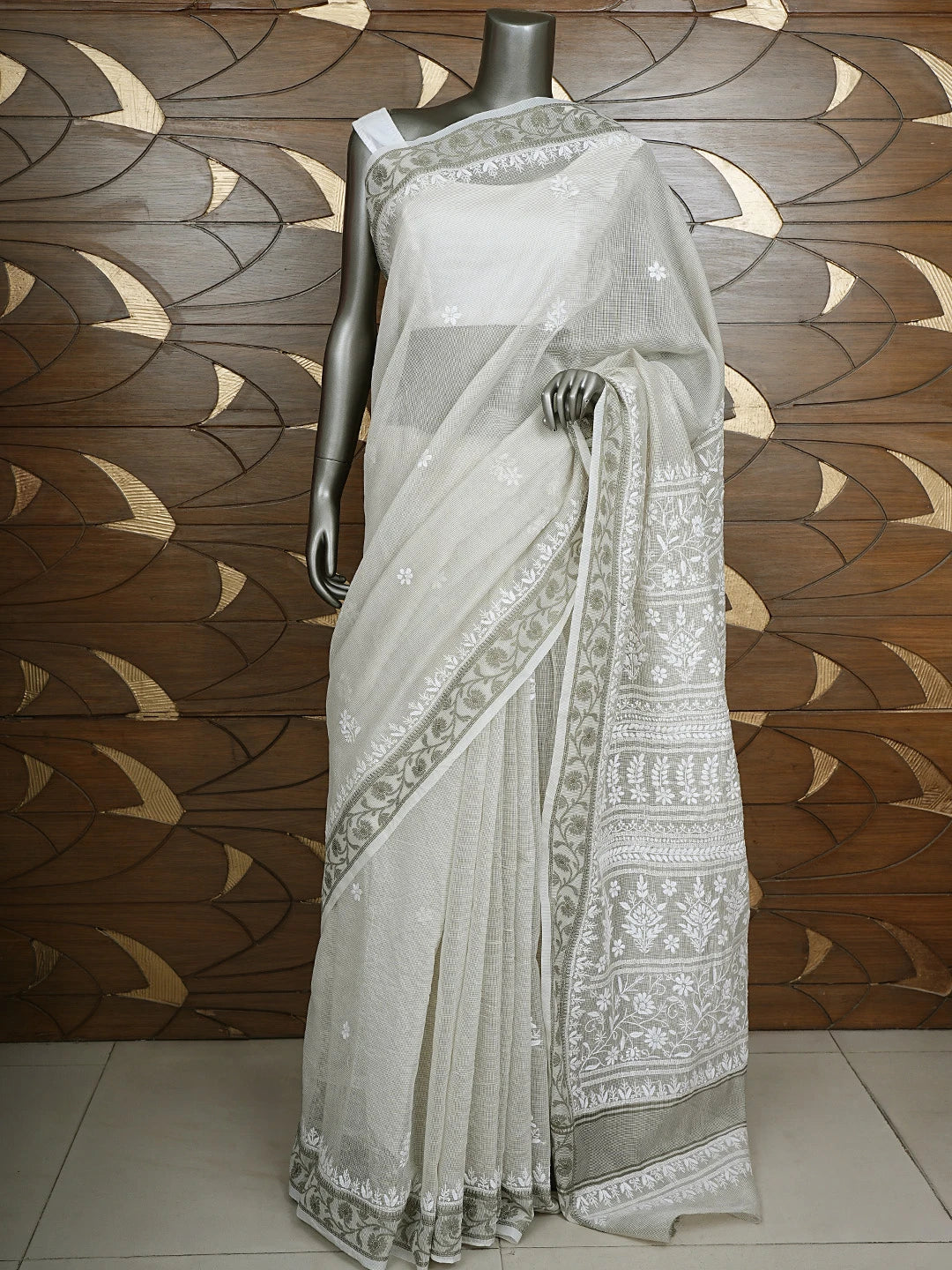 Ada Hand Embroidered Grey Kota Chanderi Lucknowi Chikankari Saree and Blouse 01A879422
