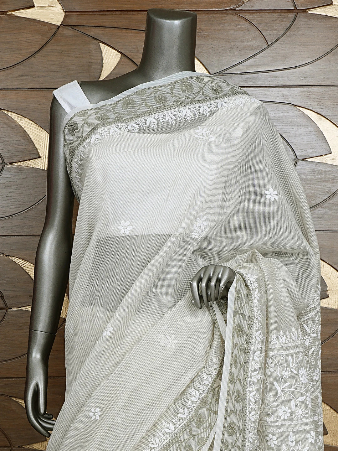 Ada Hand Embroidered Grey Kota Chanderi Lucknowi Chikankari Saree and Blouse 01A879422