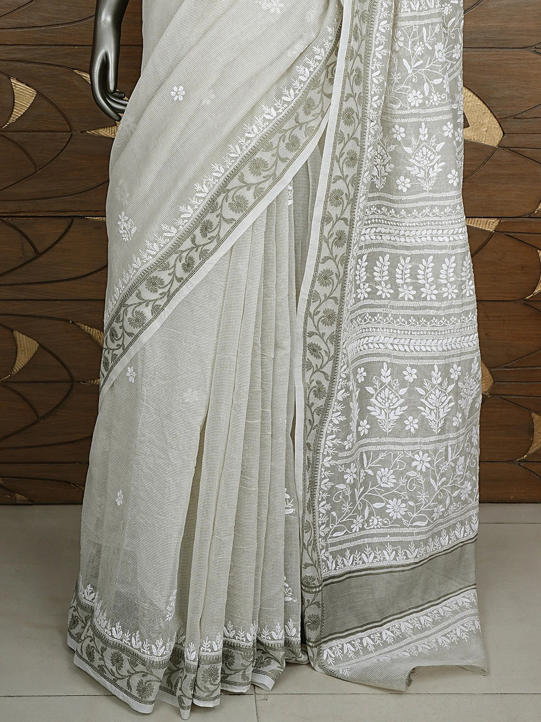 Ada Hand Embroidered Grey Kota Chanderi Lucknowi Chikankari Saree and Blouse 01A879422