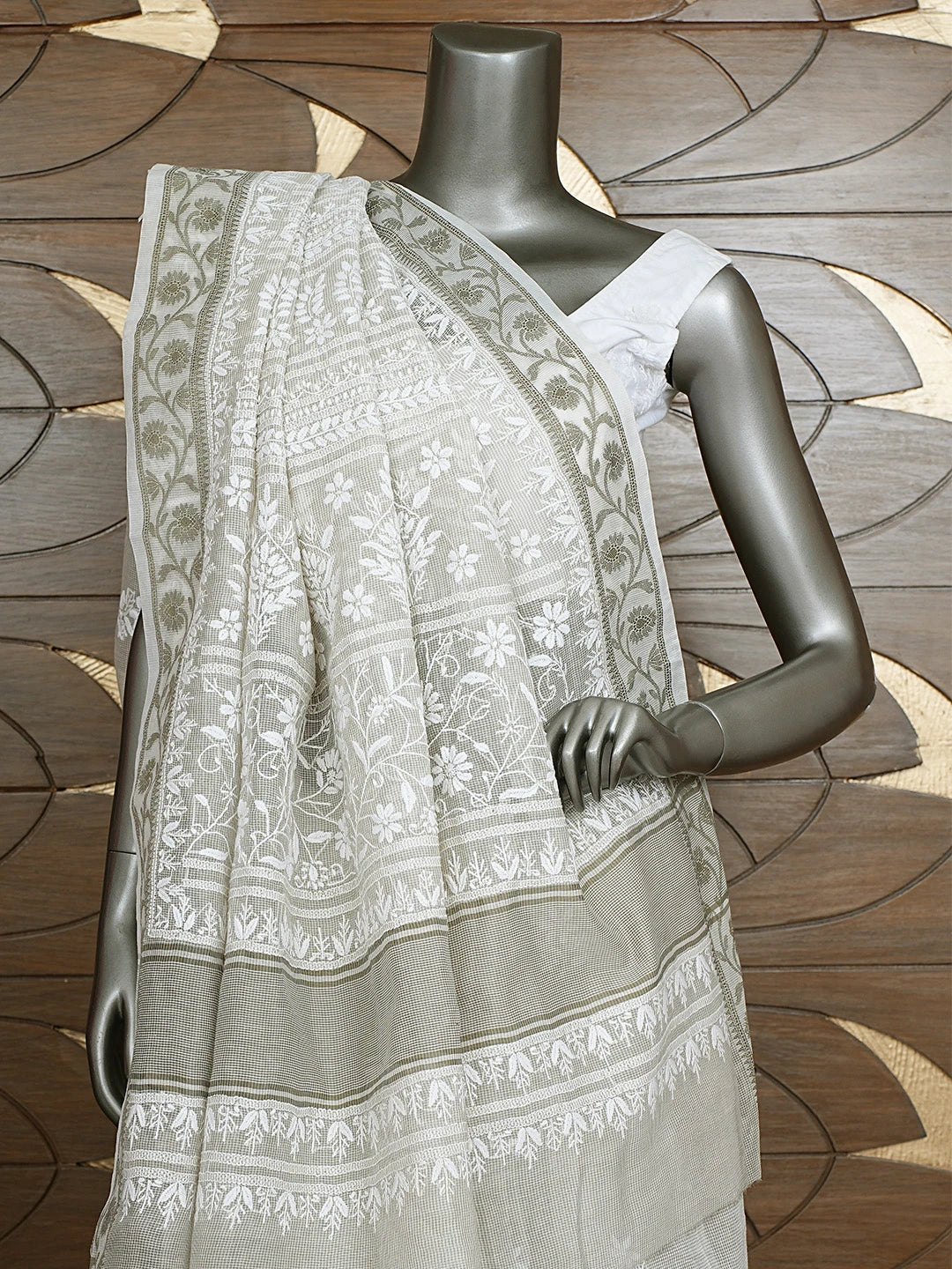 Ada Hand Embroidered Grey Kota Chanderi Lucknowi Chikankari Saree and Blouse 01A879422