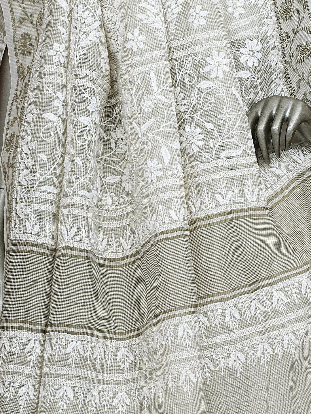 Ada Hand Embroidered Grey Kota Chanderi Lucknowi Chikankari Saree and Blouse 01A879422