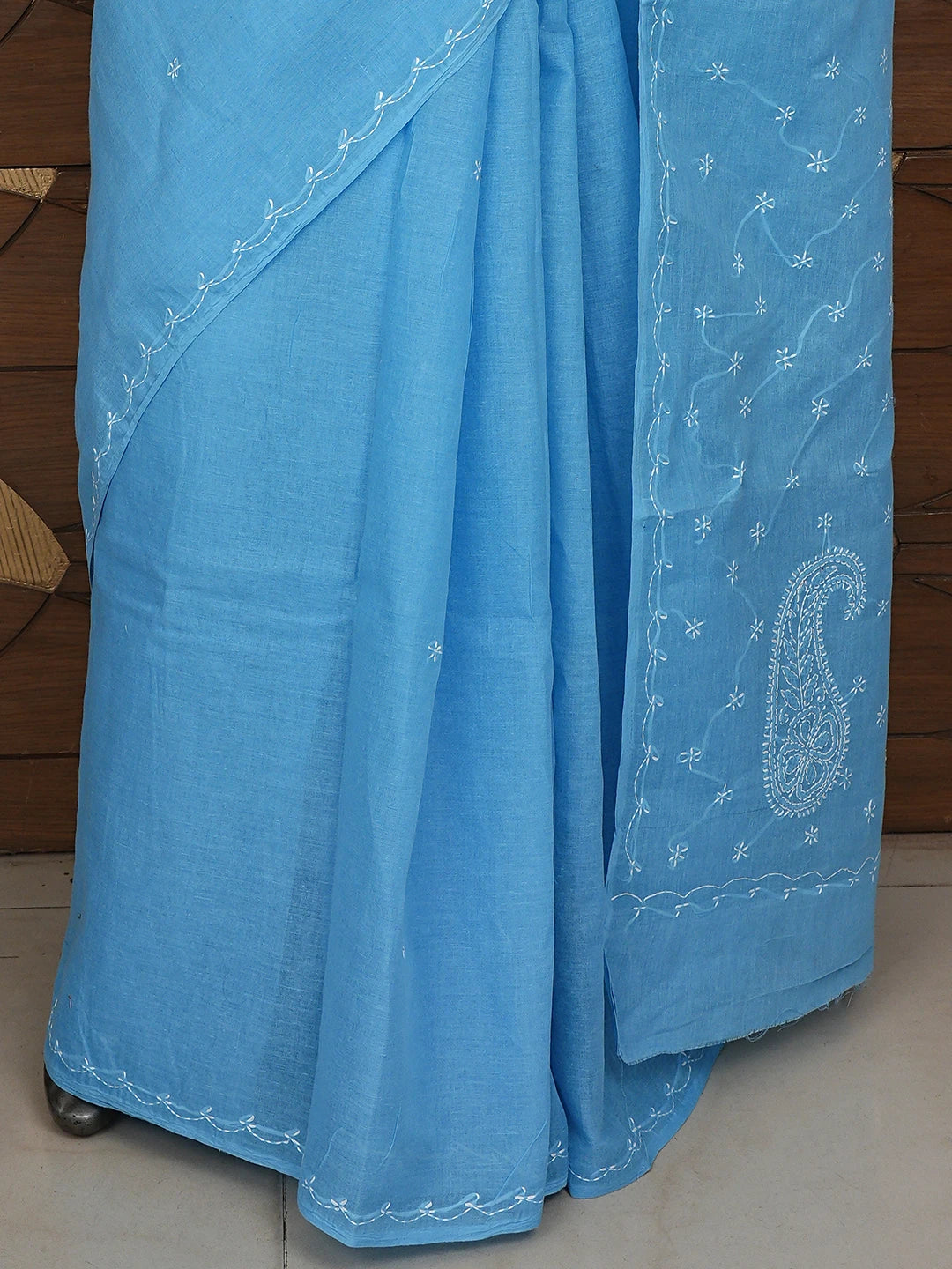 Ada Hand Embroidered Blue Cotton Lucknowi Chikankari Saree and Blouse 01A882890