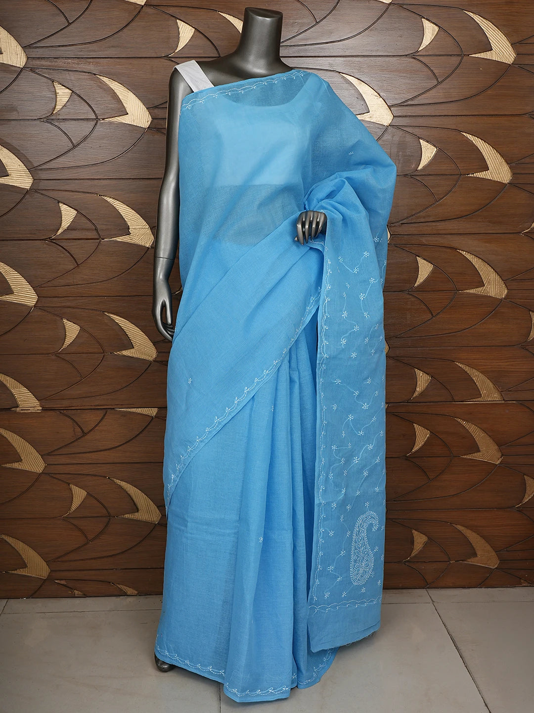 Ada Hand Embroidered Blue Cotton Lucknowi Chikankari Saree and Blouse 01A882890