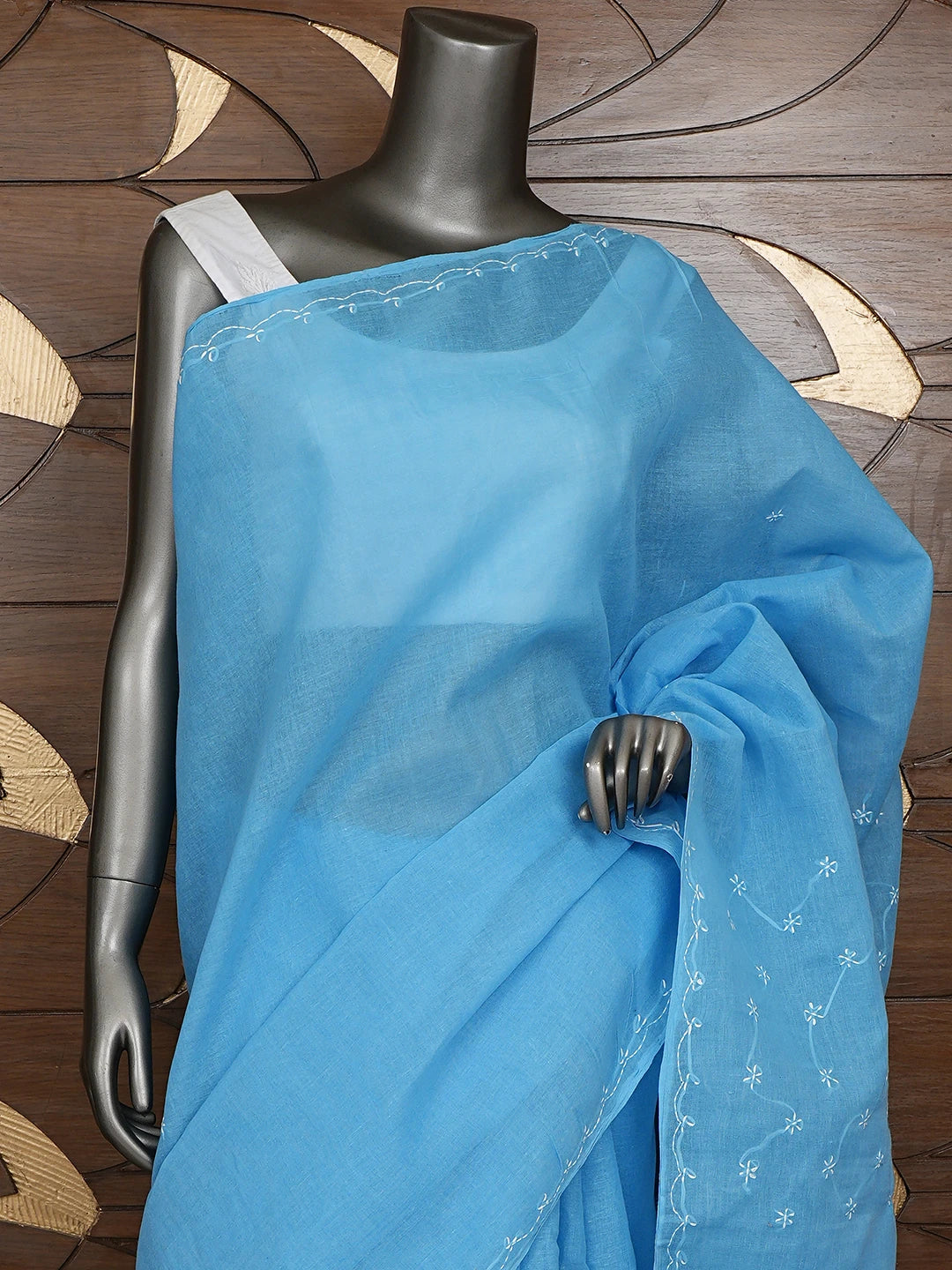 Ada Hand Embroidered Blue Cotton Lucknowi Chikankari Saree and Blouse 01A882890