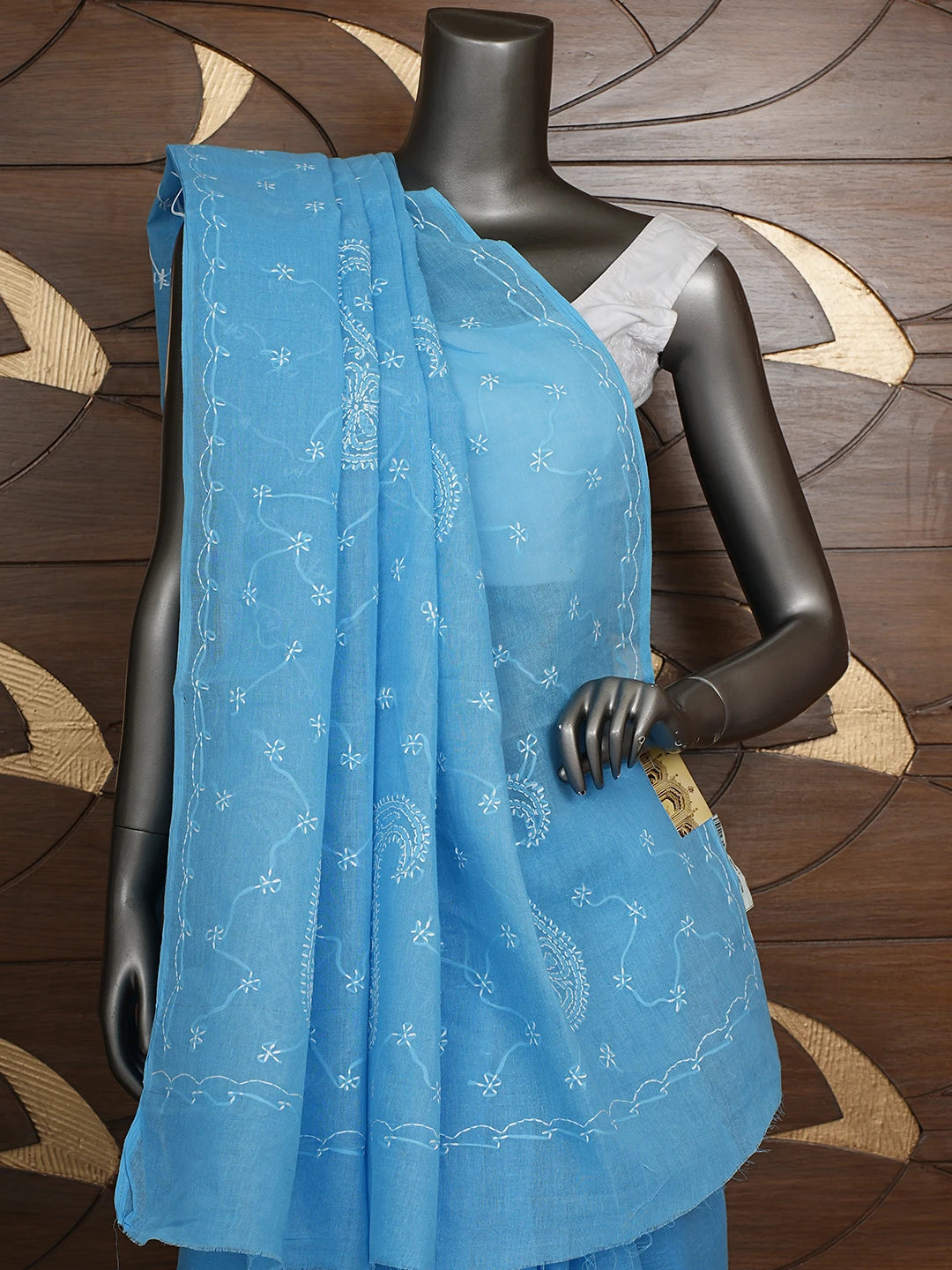 Ada Hand Embroidered Blue Cotton Lucknowi Chikankari Saree and Blouse 01A882890