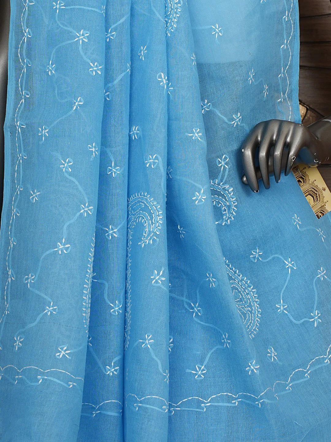 Ada Hand Embroidered Blue Cotton Lucknowi Chikankari Saree and Blouse 01A882890