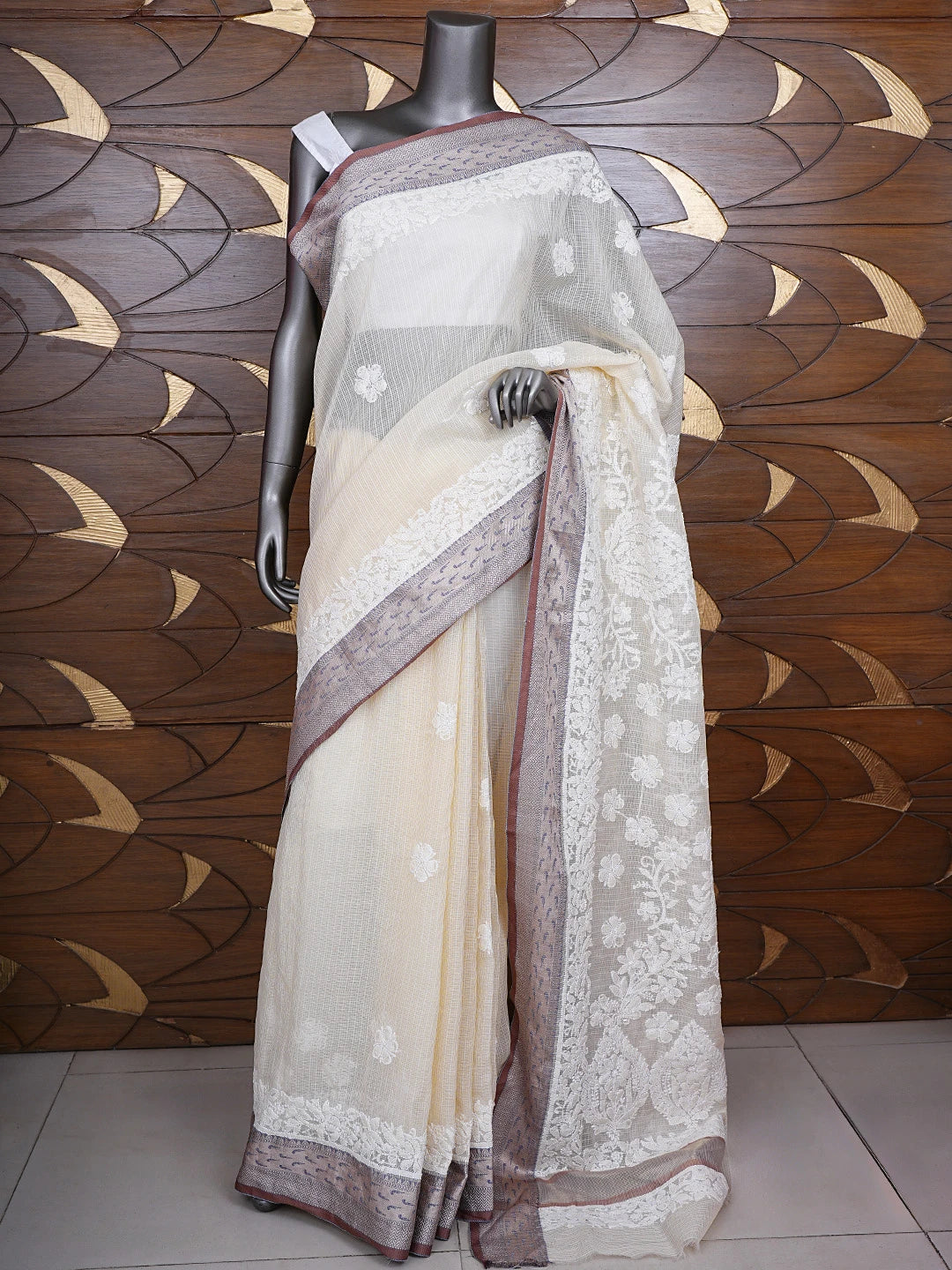 Ada Hand Embroidered Cream Chanderi Lucknowi Chikankari Saree and Blouse 01A869726