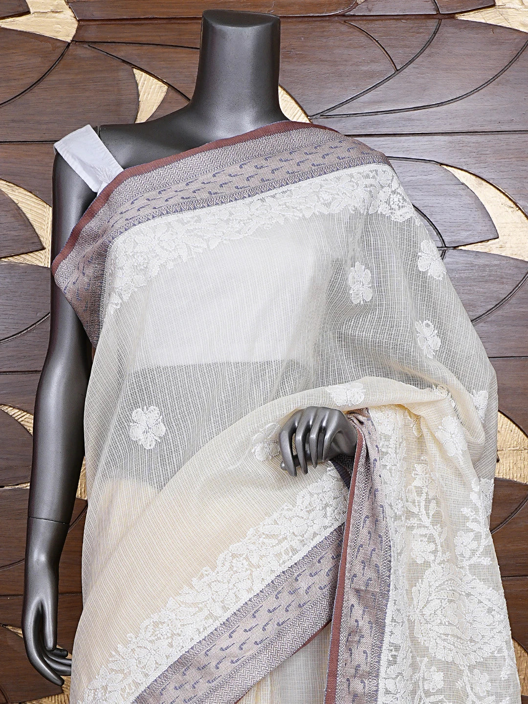 Ada Hand Embroidered Cream Chanderi Lucknowi Chikankari Saree and Blouse 01A869726