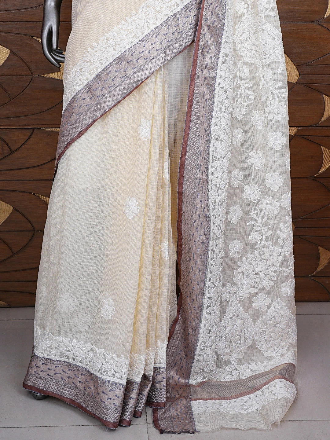 Ada Hand Embroidered Cream Chanderi Lucknowi Chikankari Saree and Blouse 01A869726