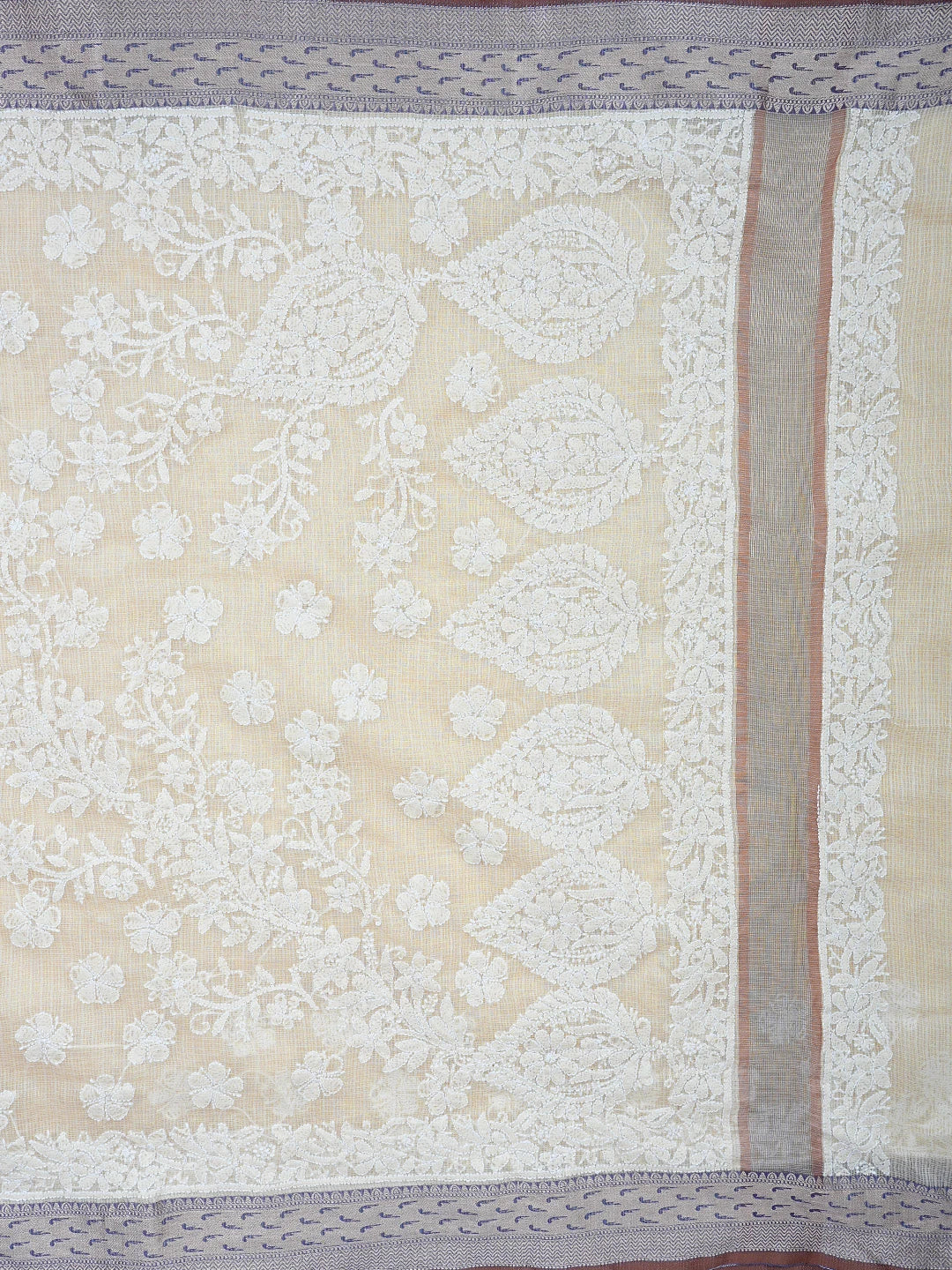 Ada Hand Embroidered Cream Chanderi Lucknowi Chikankari Saree and Blouse 01A869726
