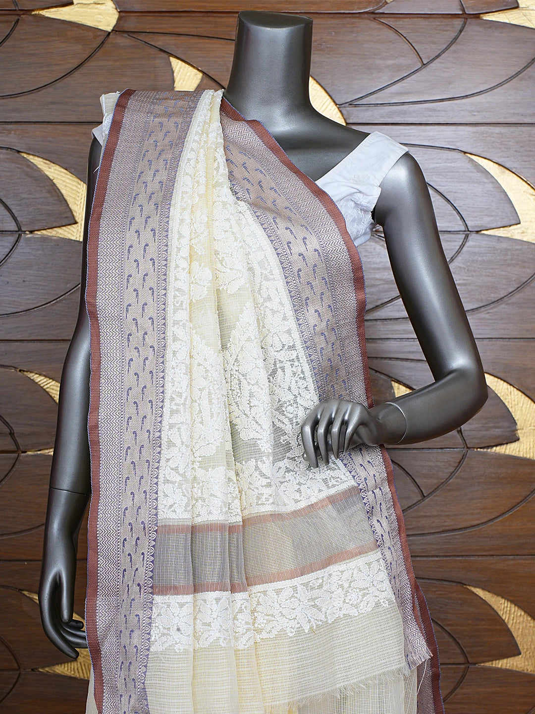 Ada Hand Embroidered Cream Chanderi Lucknowi Chikankari Saree and Blouse 01A869726