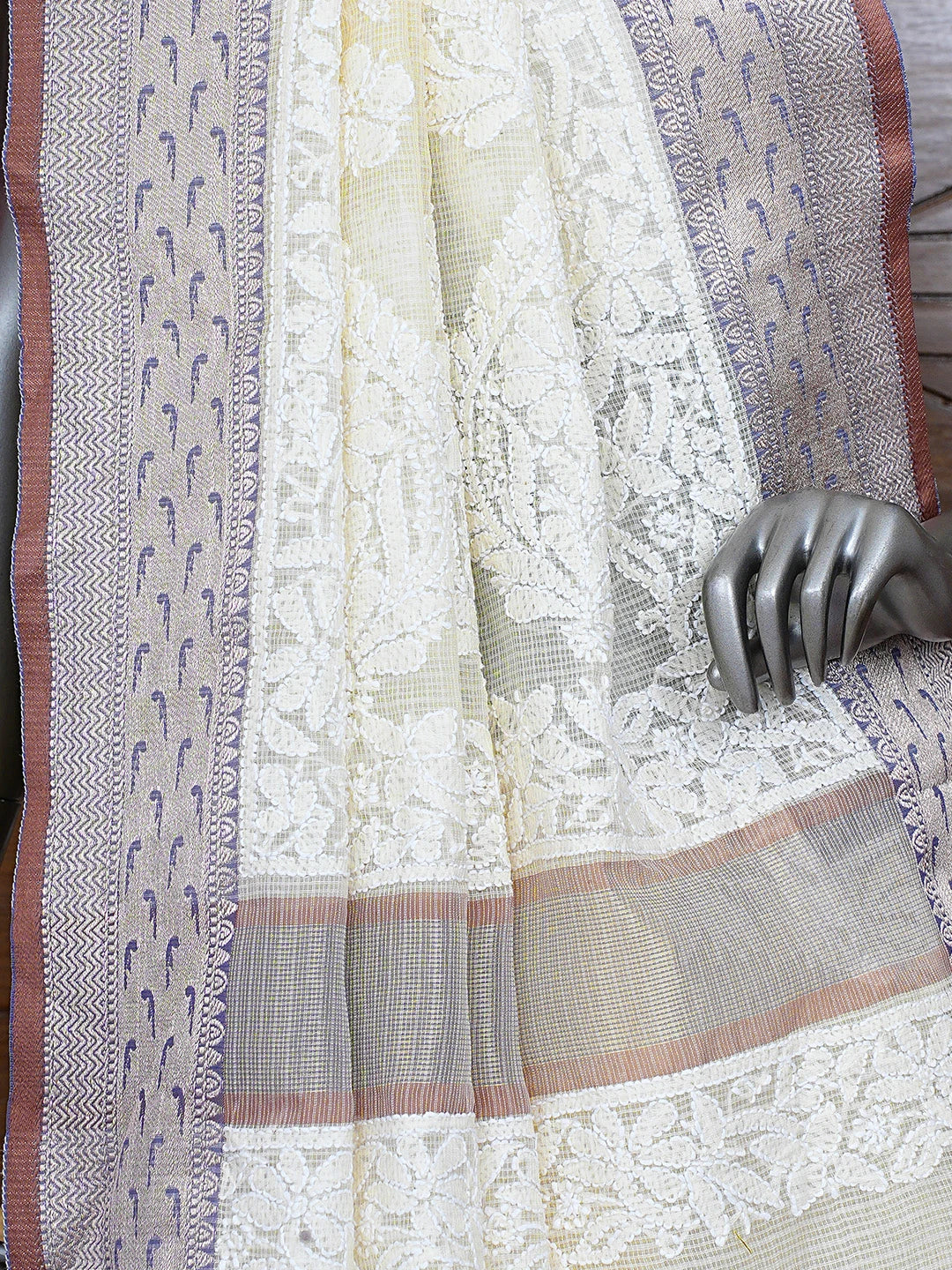 Ada Hand Embroidered Cream Chanderi Lucknowi Chikankari Saree and Blouse 01A869726