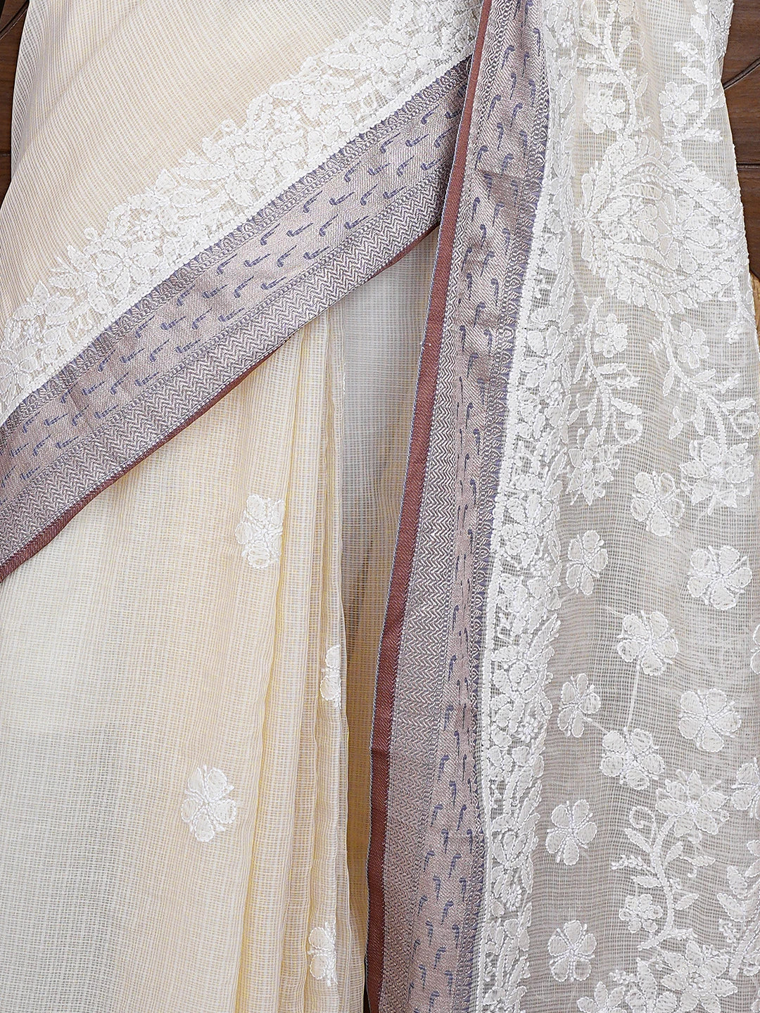 Ada Hand Embroidered Cream Chanderi Lucknowi Chikankari Saree and Blouse 01A869726