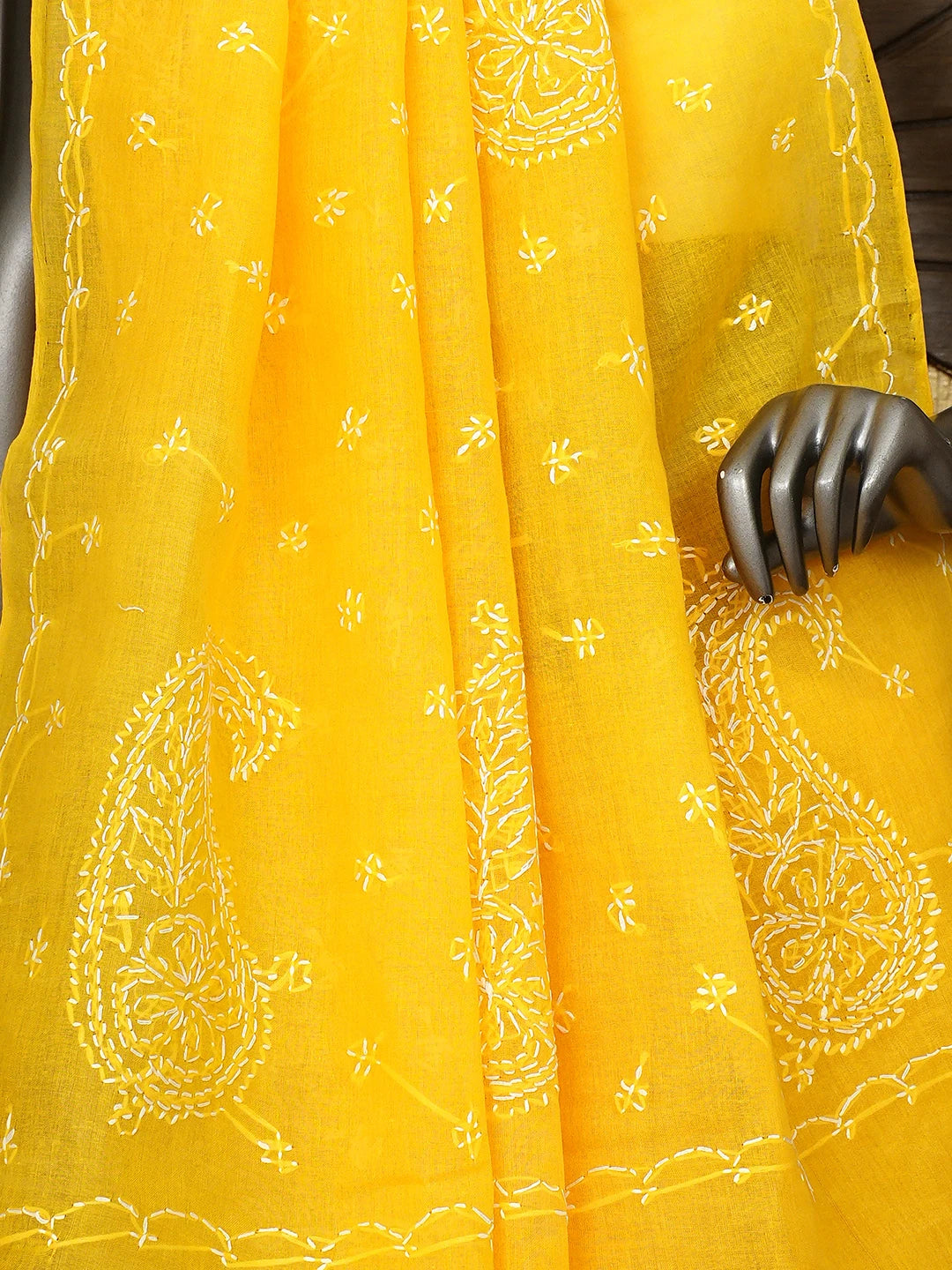 Ada Hand Embroidered Yellow Cotton Lucknowi Chikankari Saree and Blouse 01A882875