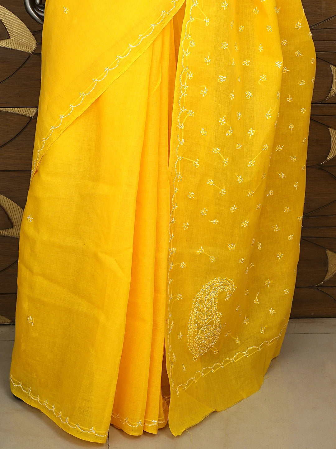 Ada Hand Embroidered Yellow Cotton Lucknowi Chikankari Saree and Blouse 01A882875